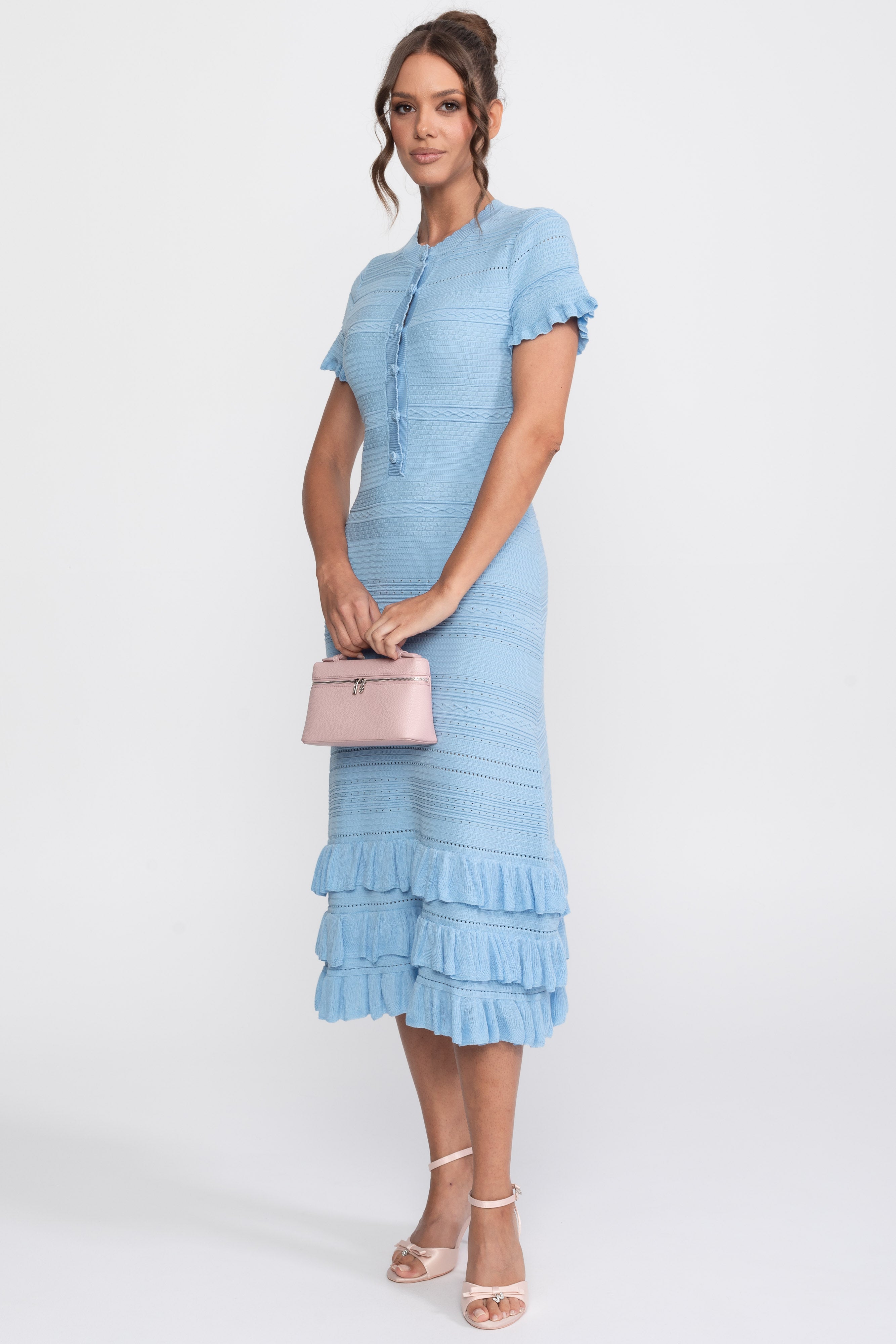Ruffle Hem Knit Midi Dress With Button Front - Sky Blue