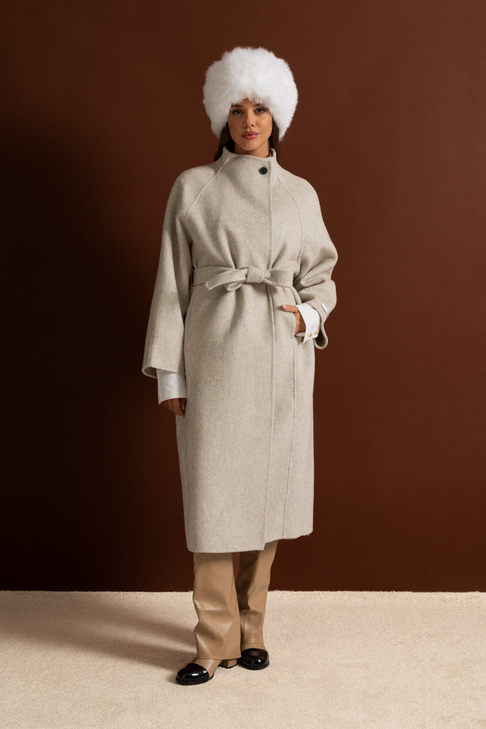 Belted Midi Coat With High Neckline - Beige