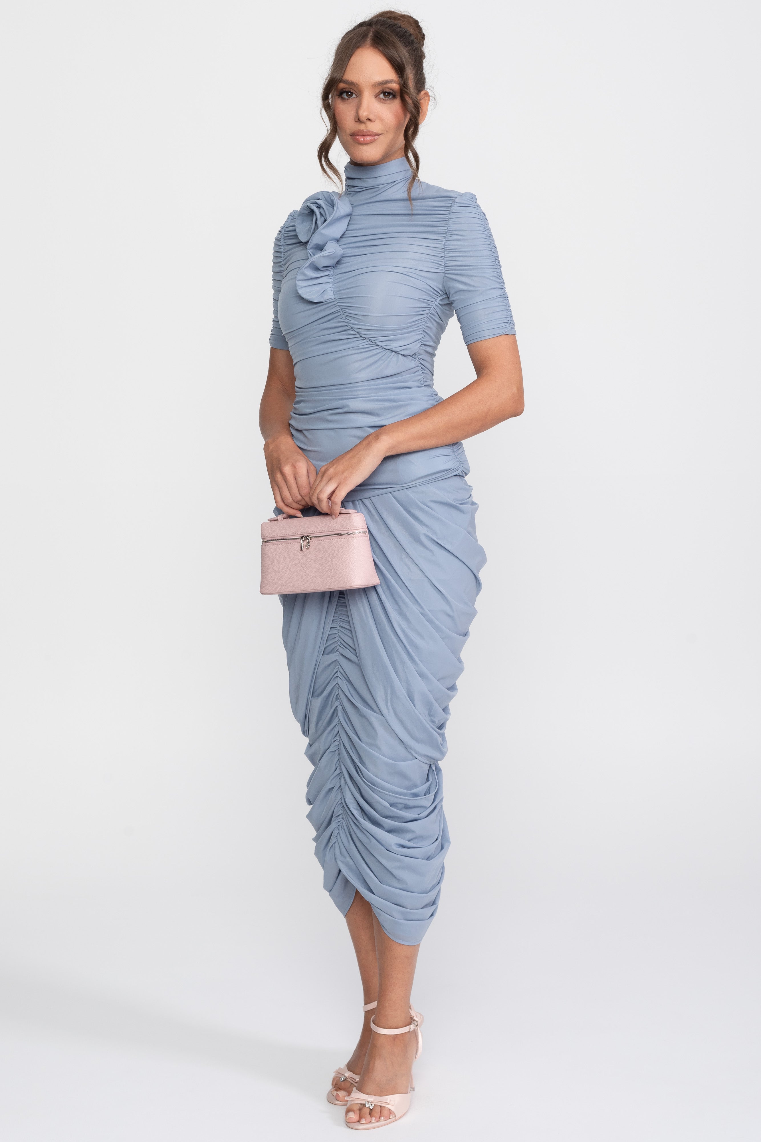 Rosette Co-Ord Set With Ruched Top And Matching Midi Skirt - Blue