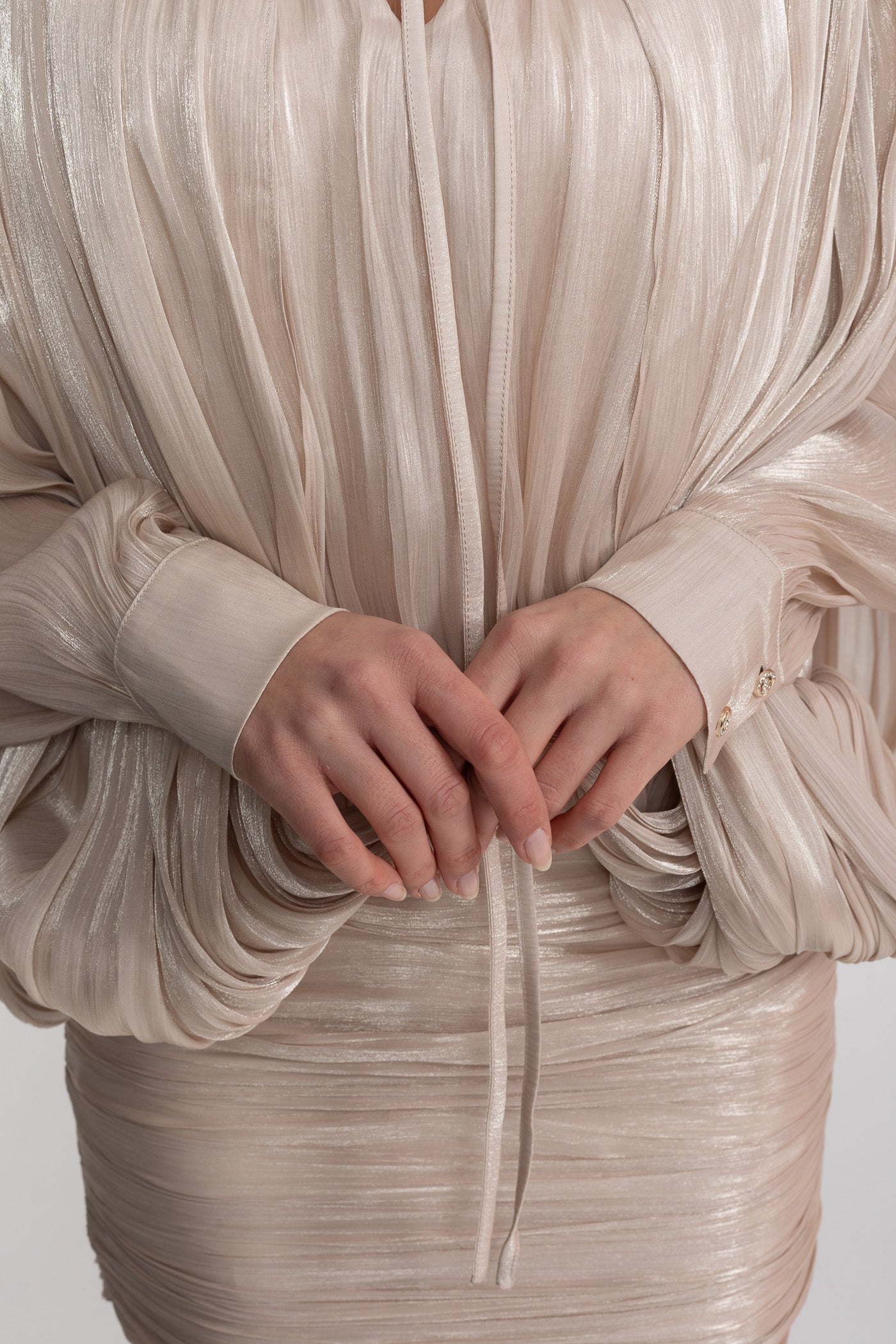 Draped Long Sleeve Mini Dress With Batwing Sleeves - Champagne