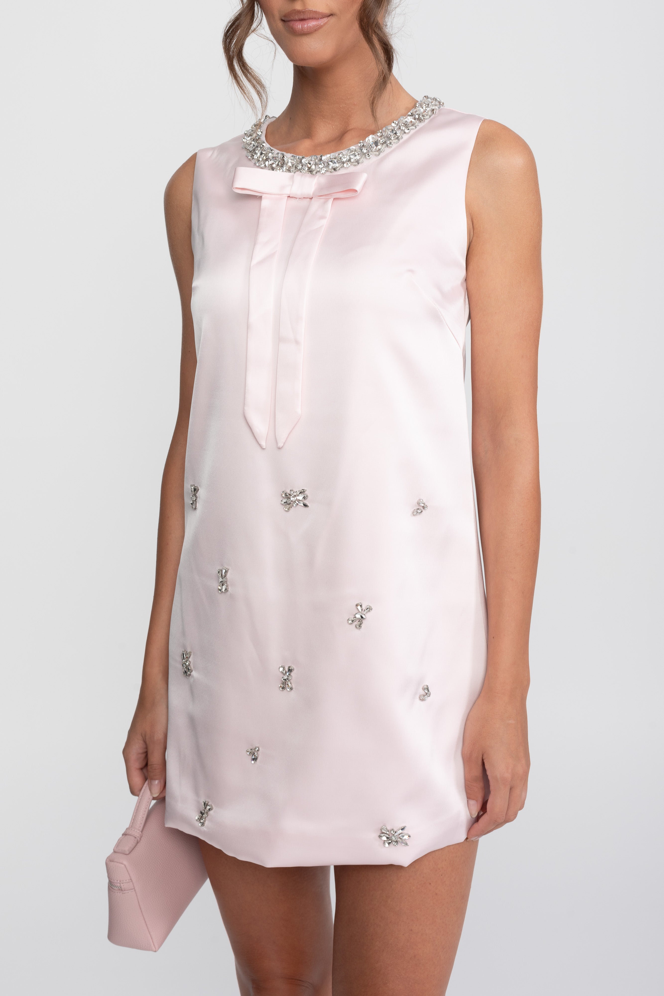 Crystal Embellished Shift Mini Dress With Satin Bow  - Pink