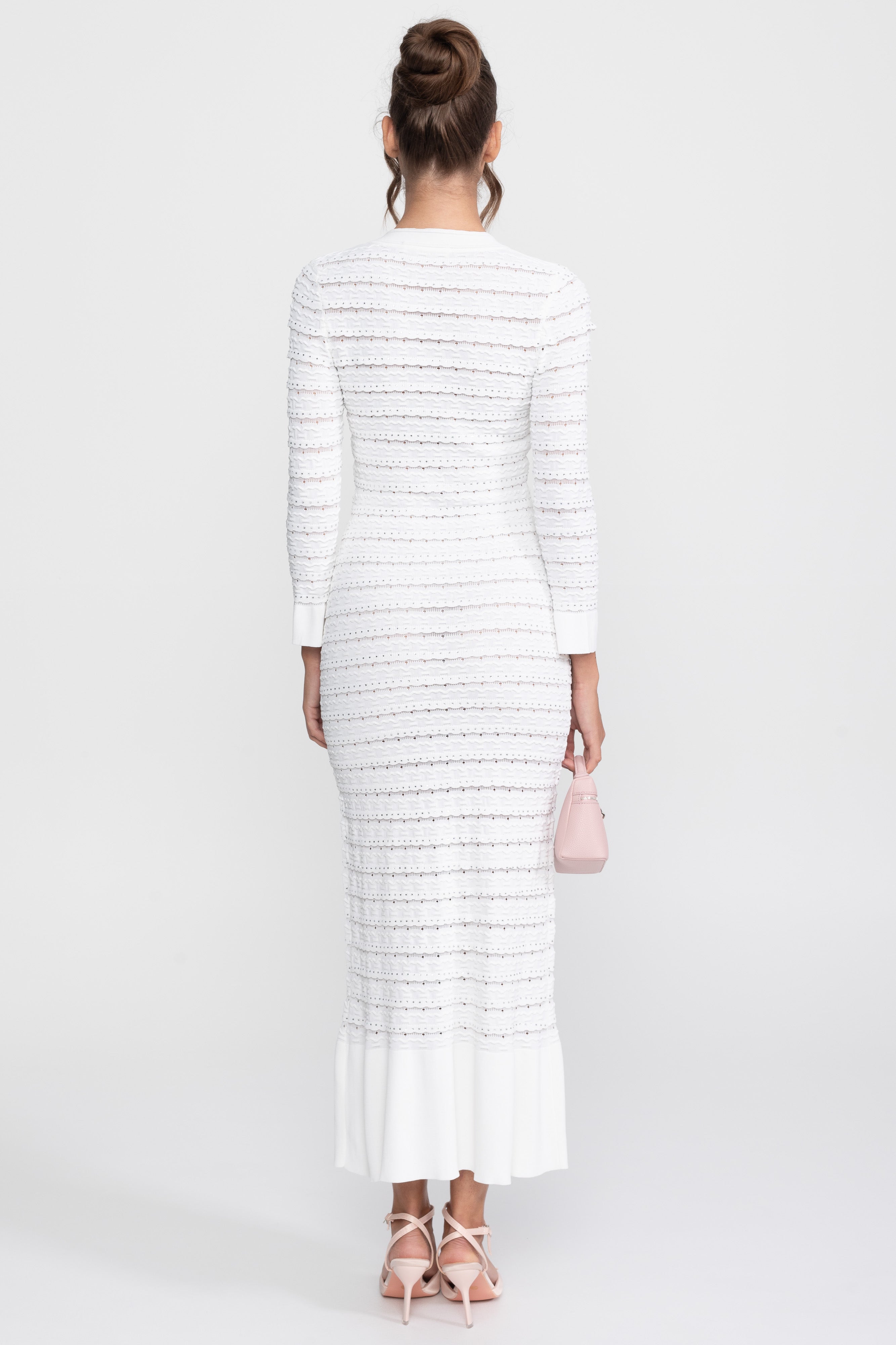 Textured Knit Maxi Cardigan Dress With Crystal Button - White