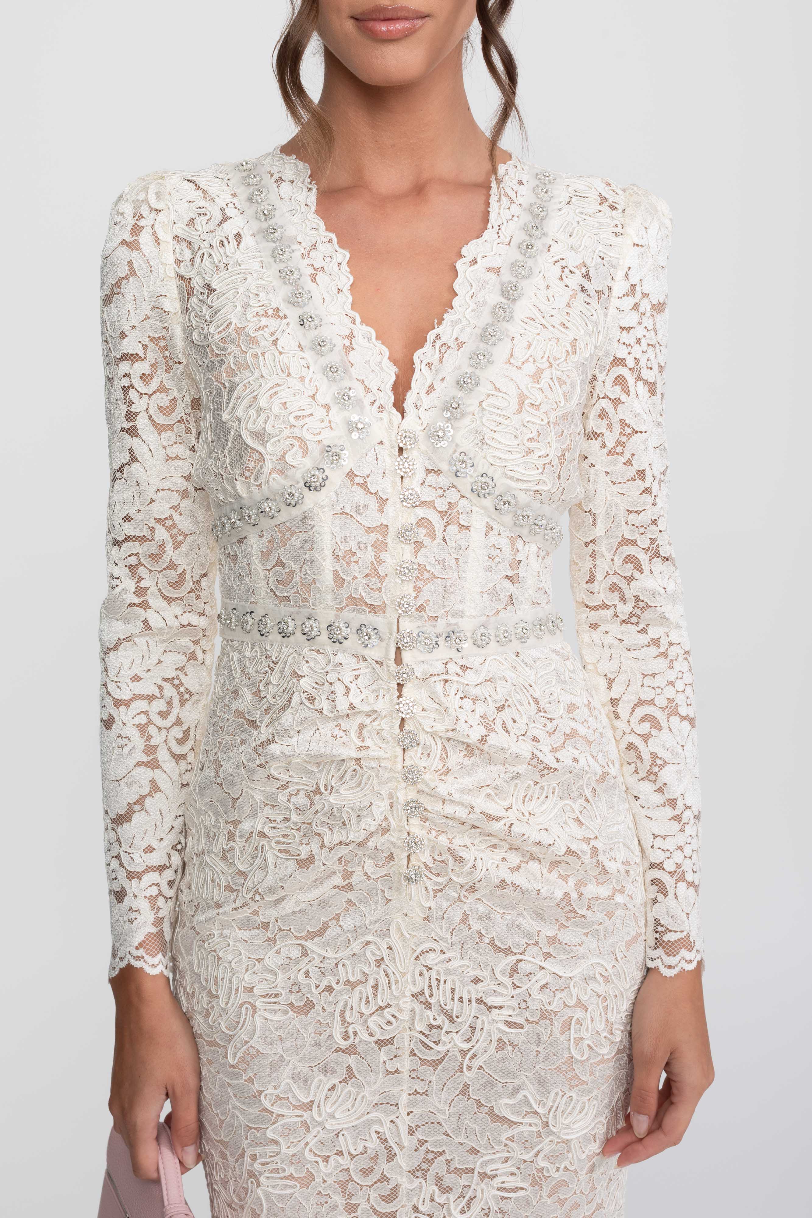 Lace Midi Dress With Crystal V-Neckline And Ruched Front Detail - Ivoire