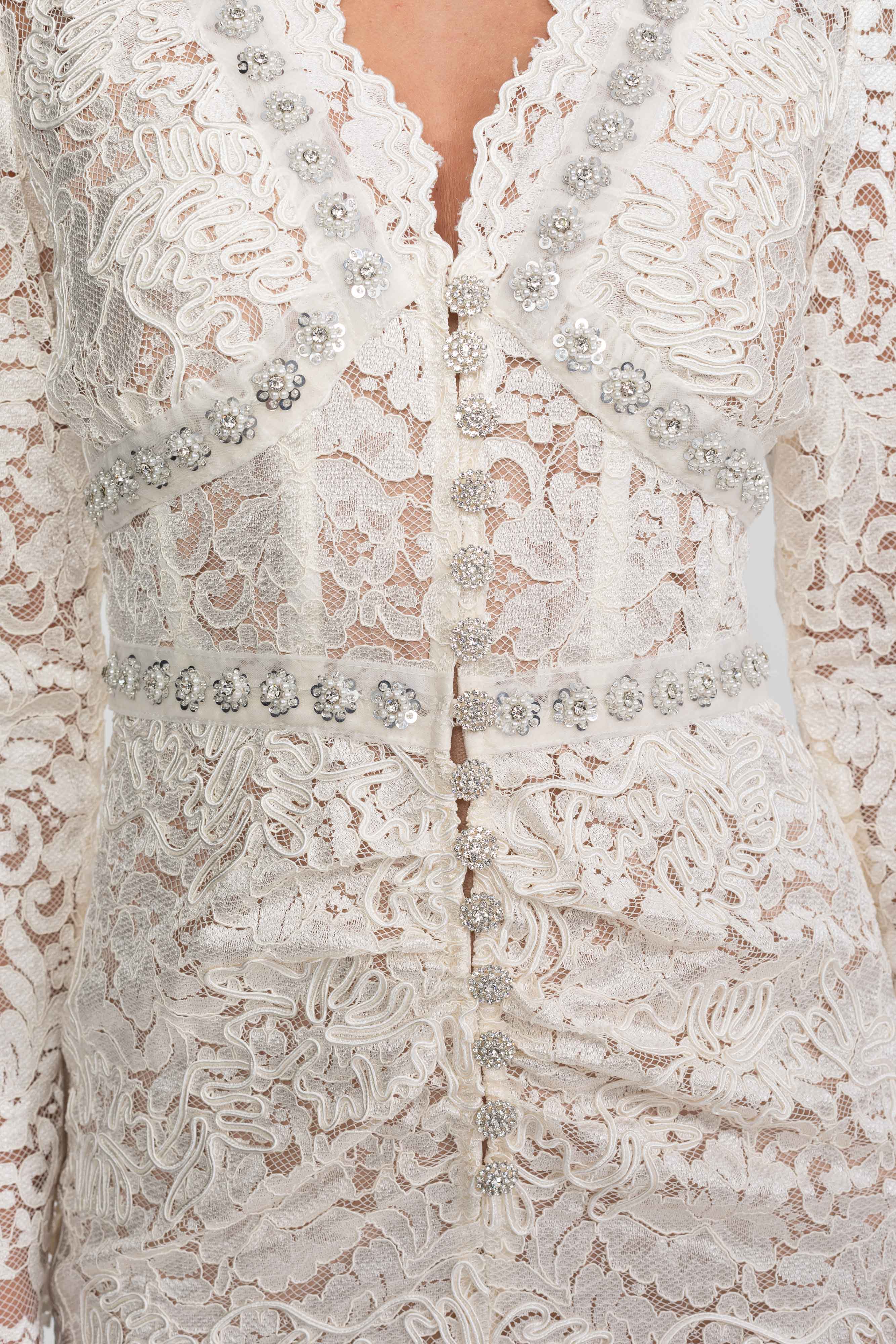 Lace Midi Dress With Crystal V-Neckline And Ruched Front Detail - Ivoire