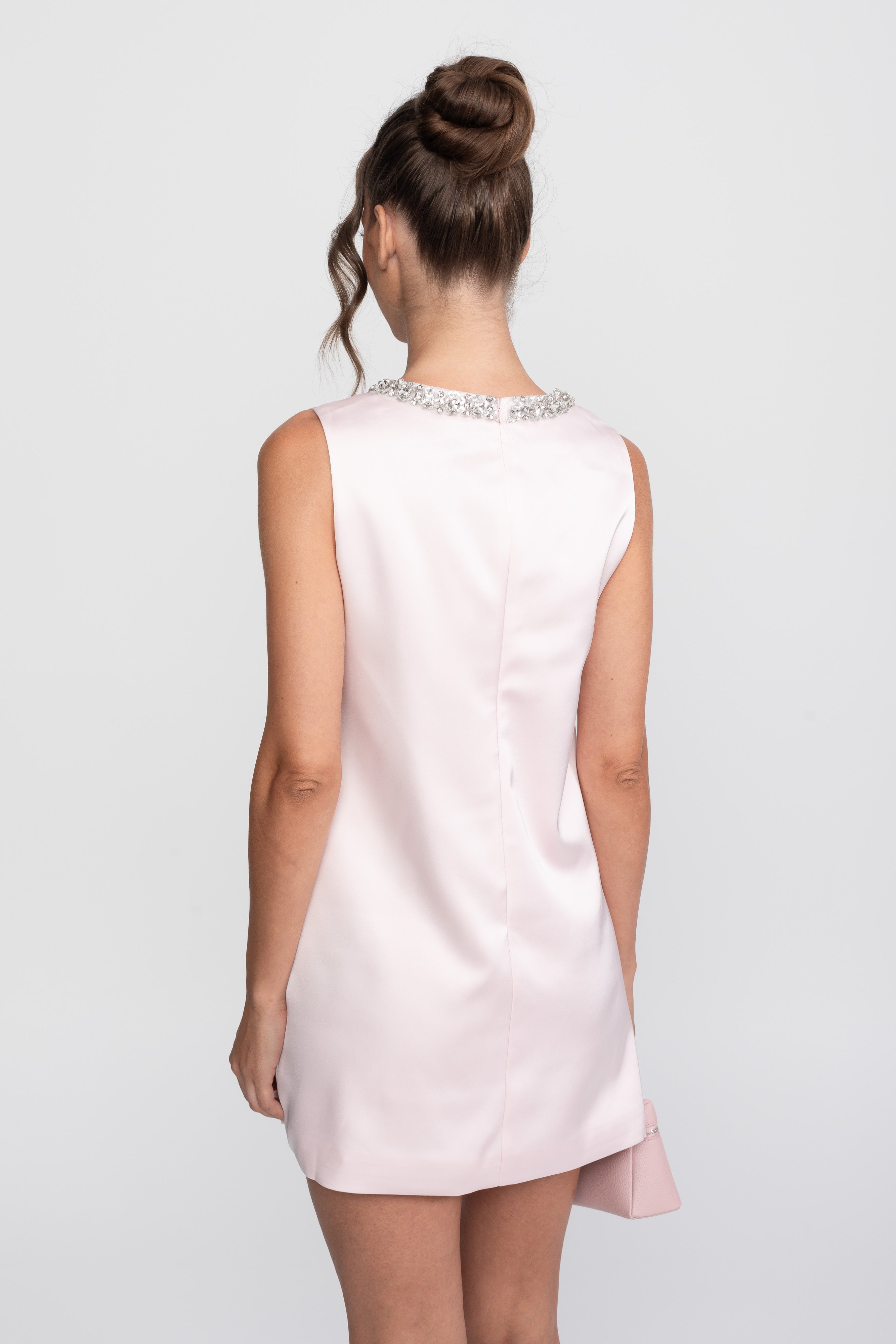Crystal Embellished Shift Mini Dress With Satin Bow  - Pink