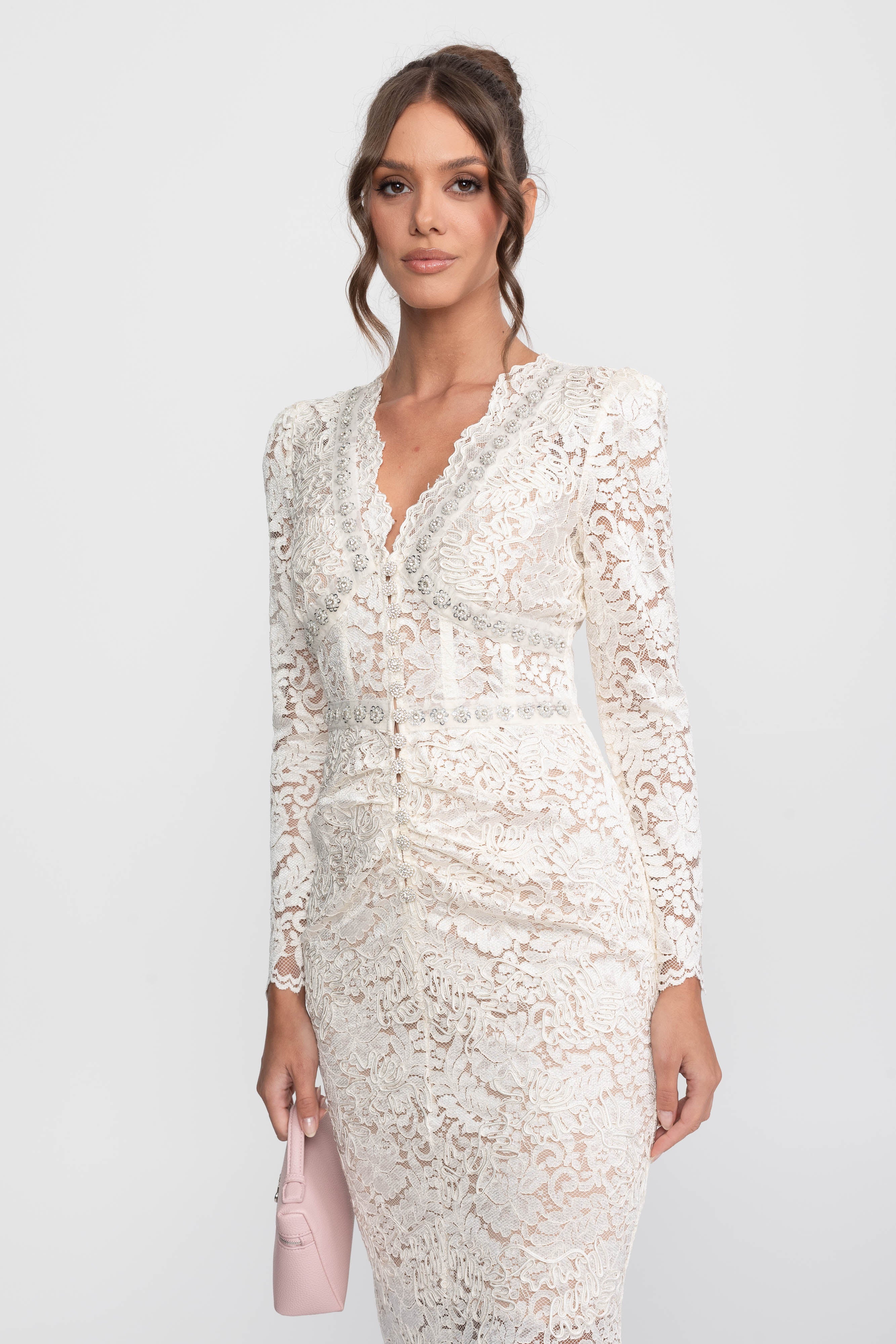 Lace Midi Dress With Crystal V-Neckline And Ruched Front Detail - Ivoire