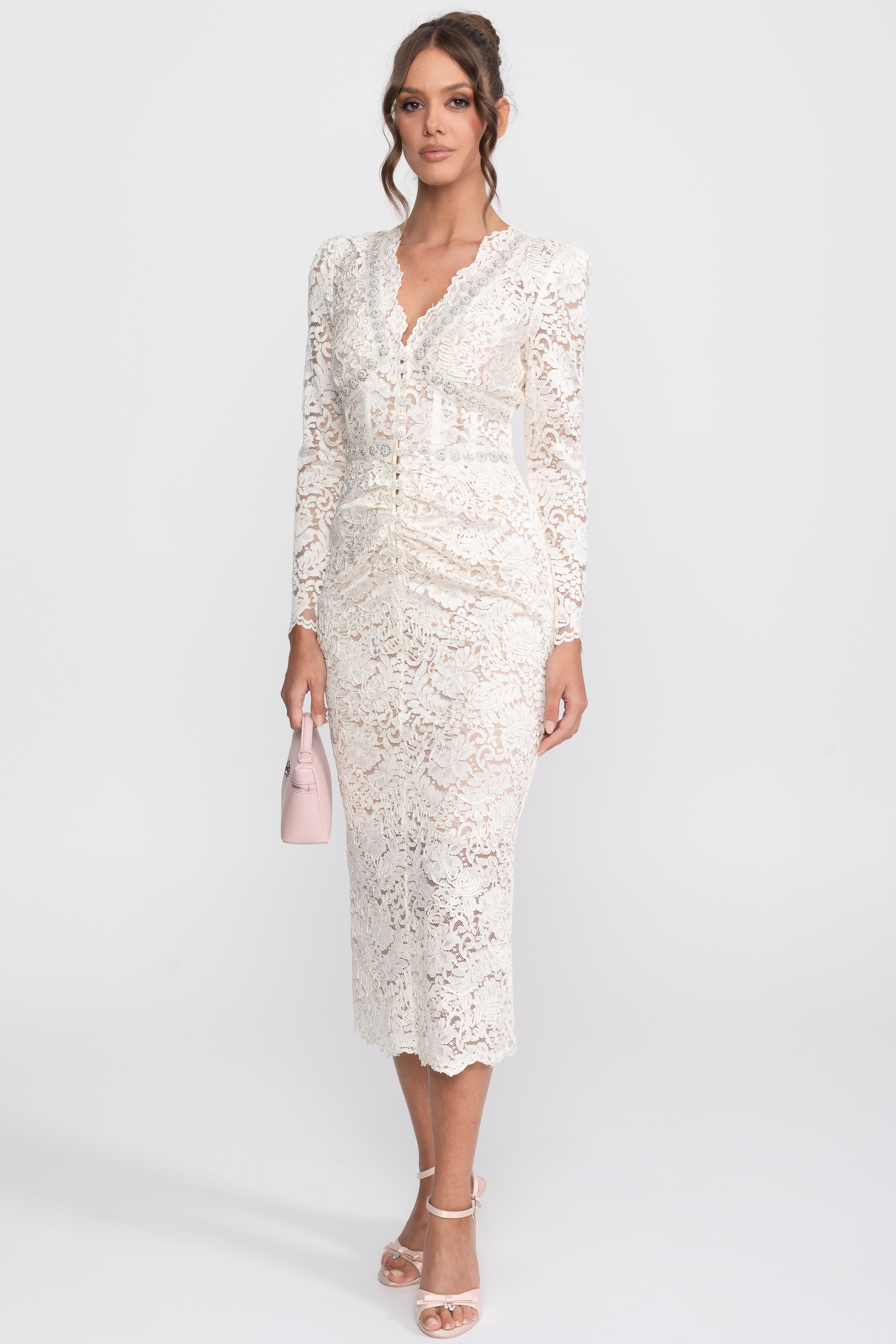 Lace Midi Dress With Crystal V-Neckline And Ruched Front Detail - Ivoire