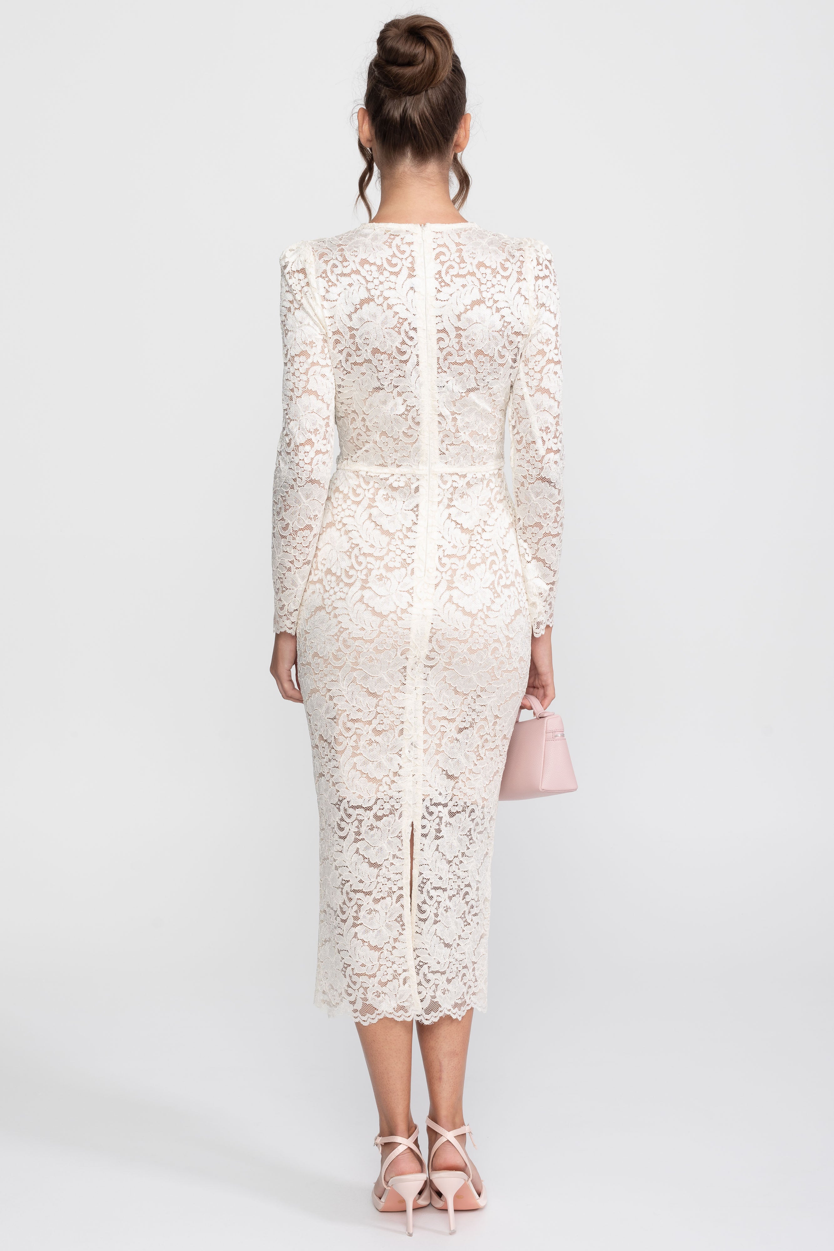 Lace Midi Dress With Crystal V-Neckline And Ruched Front Detail - Ivoire