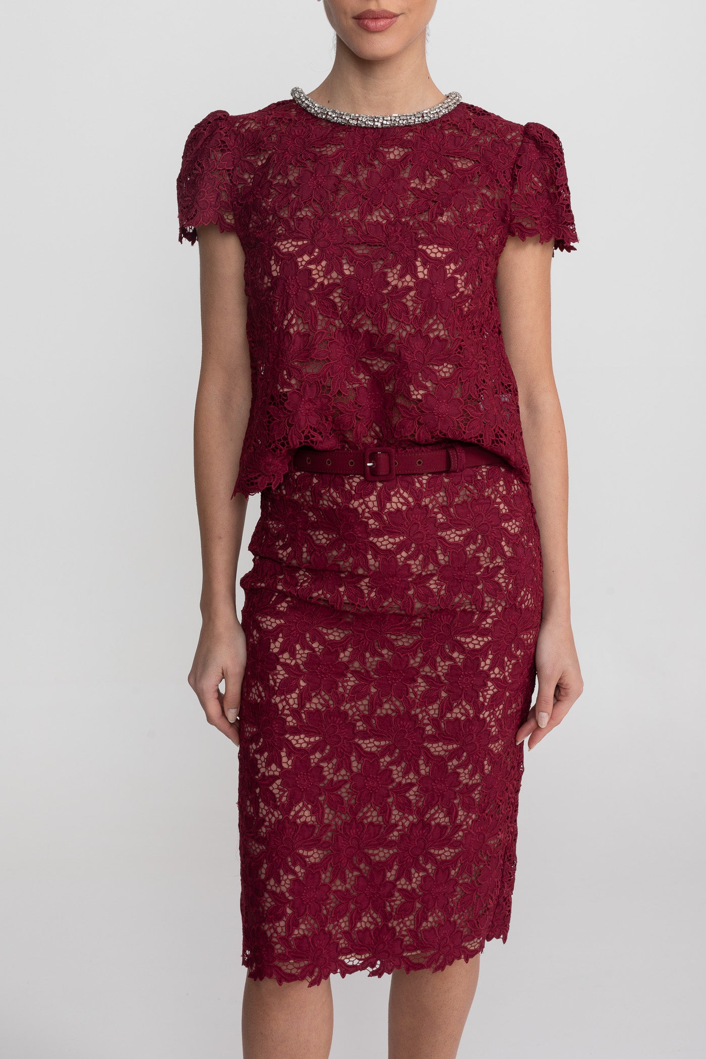 Lace Co-Ord Set With Short Sleeve Top And Crystal Embellished Neckline - Burgundy