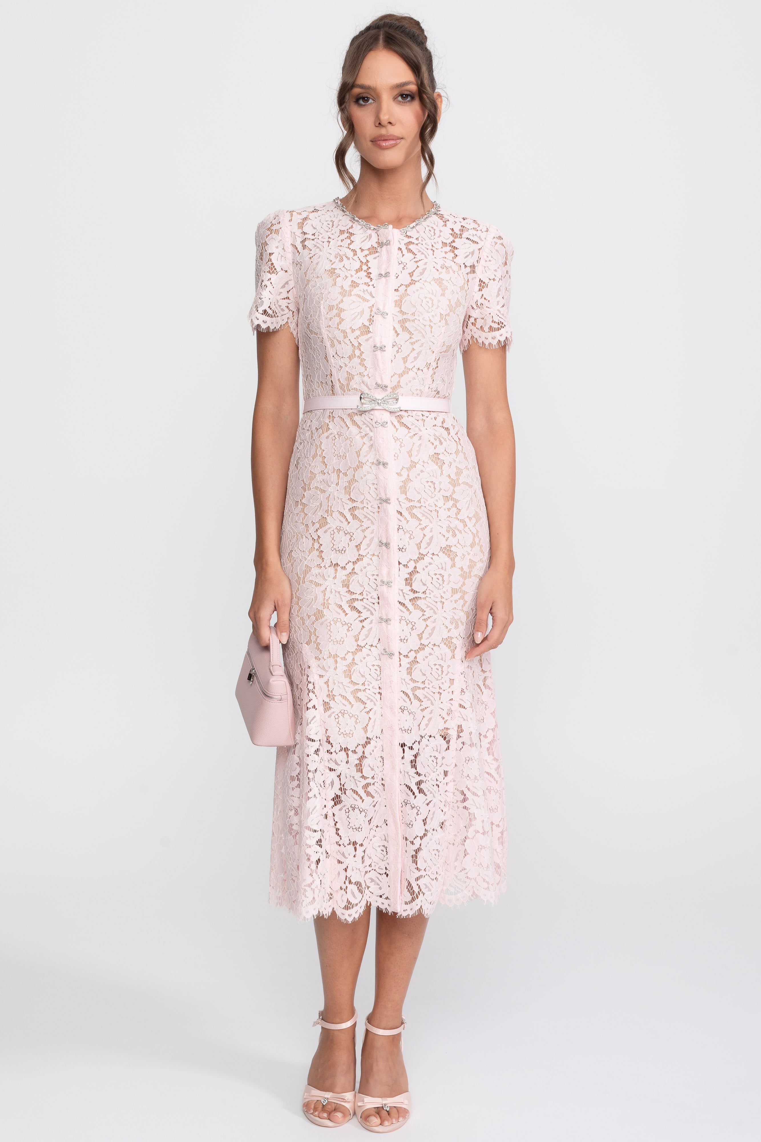 Elegant Floral Lace Fitted Dress with Button Detail and Scalloped Hem - Blush Pink