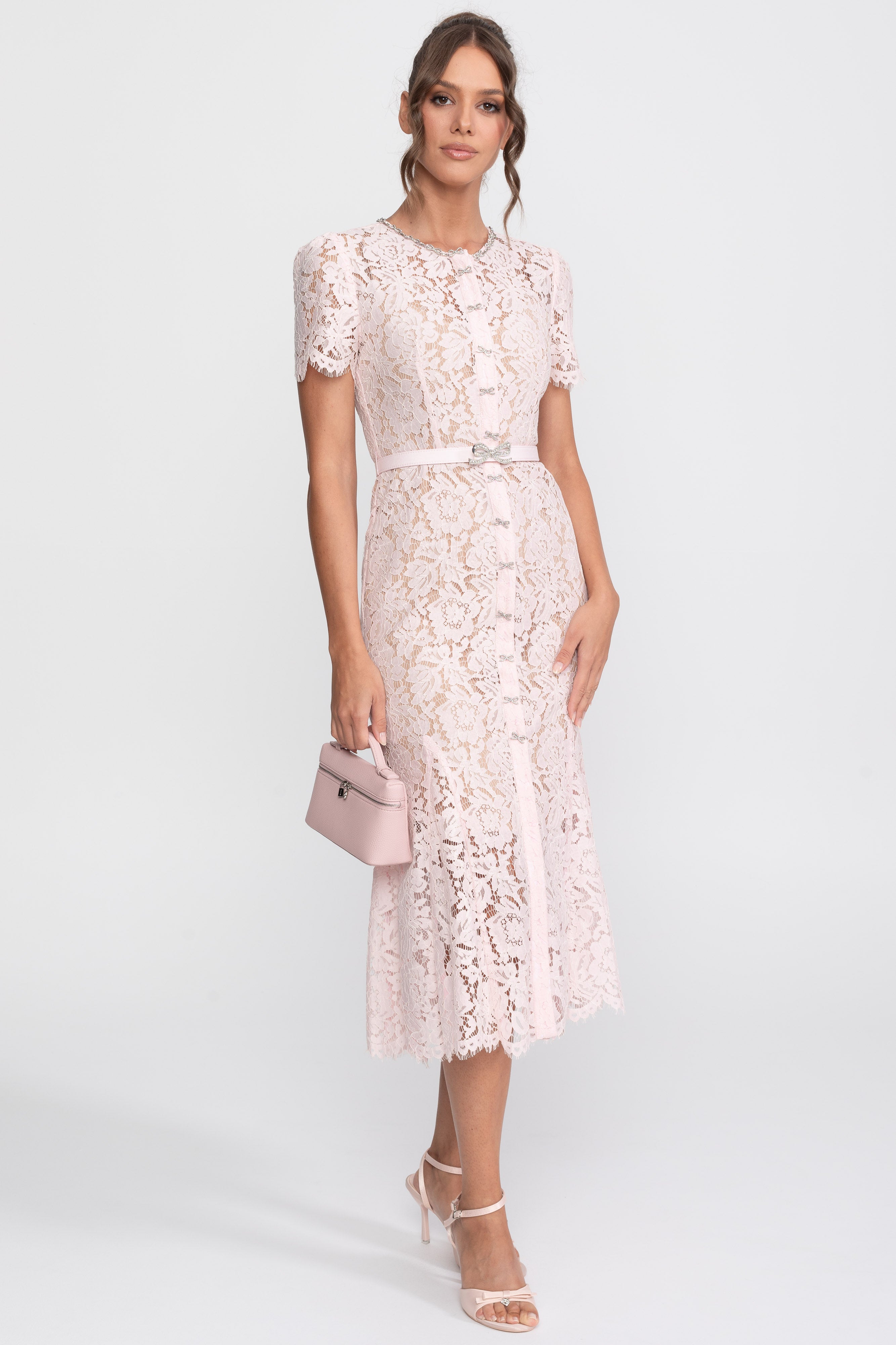 Elegant Floral Lace Fitted Dress with Button Detail and Scalloped Hem - Blush Pink