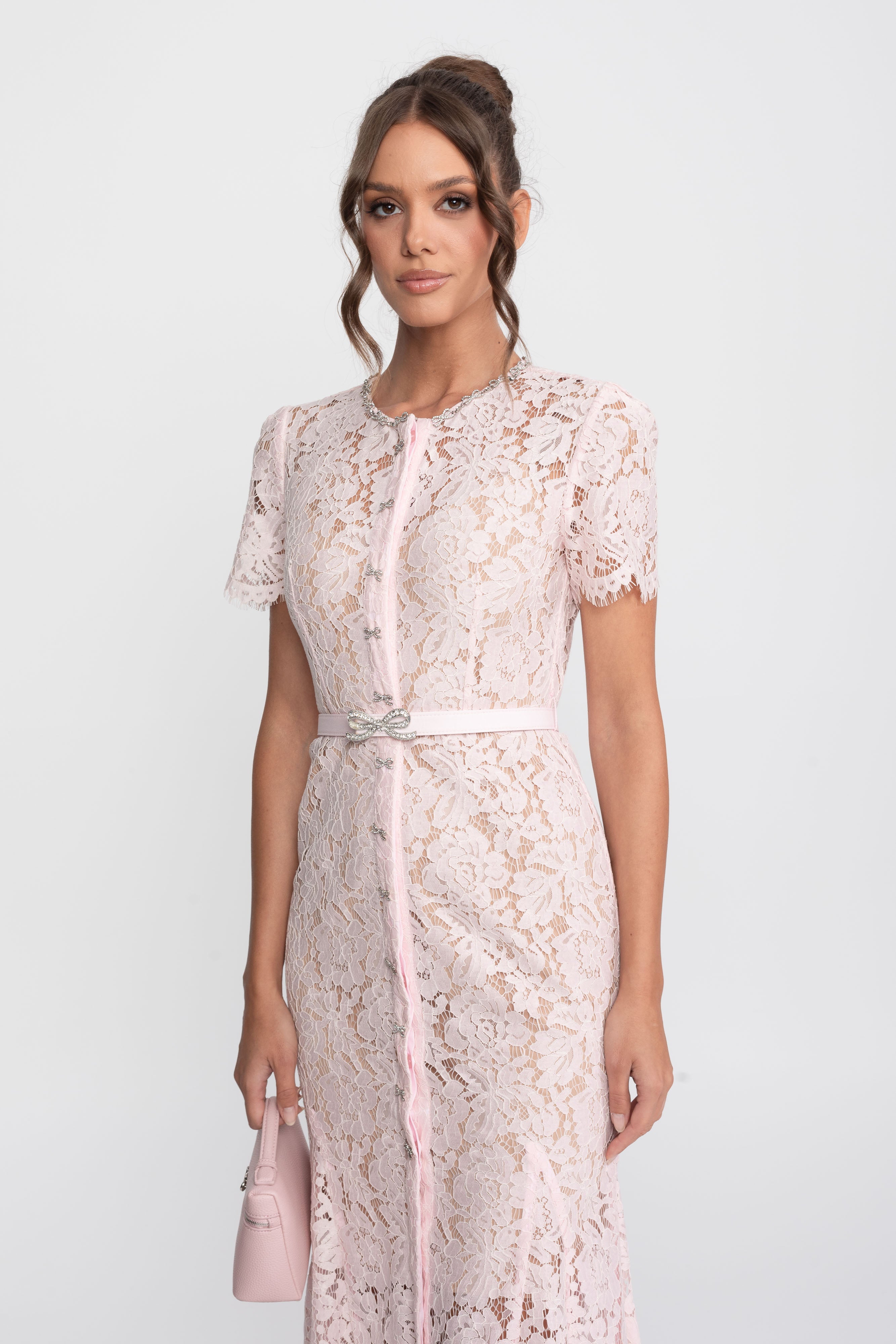 Elegant Floral Lace Fitted Dress with Button Detail and Scalloped Hem - Blush Pink