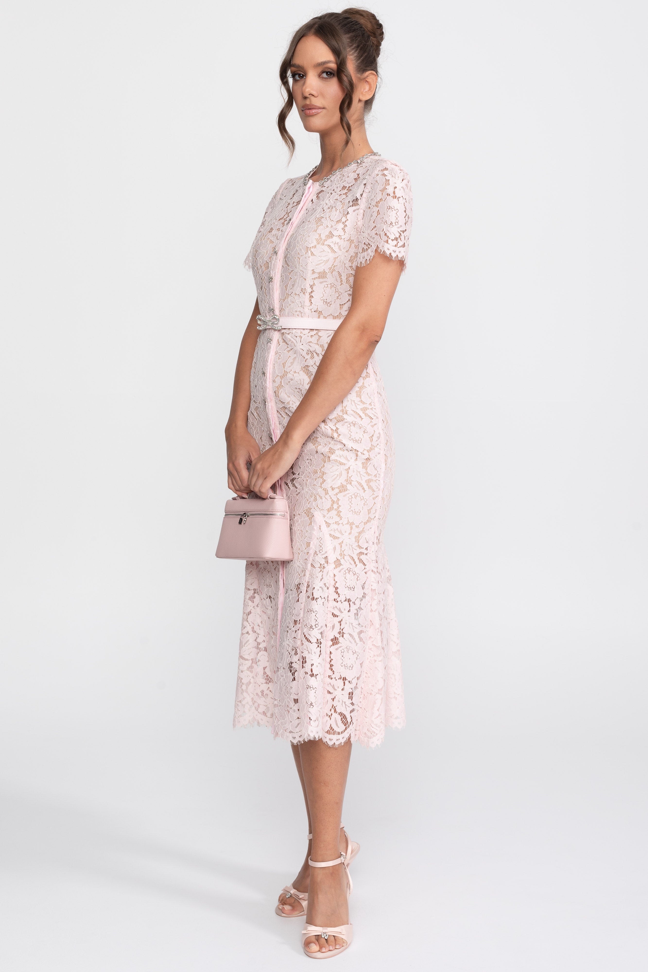 Elegant Floral Lace Fitted Dress with Button Detail and Scalloped Hem - Blush Pink