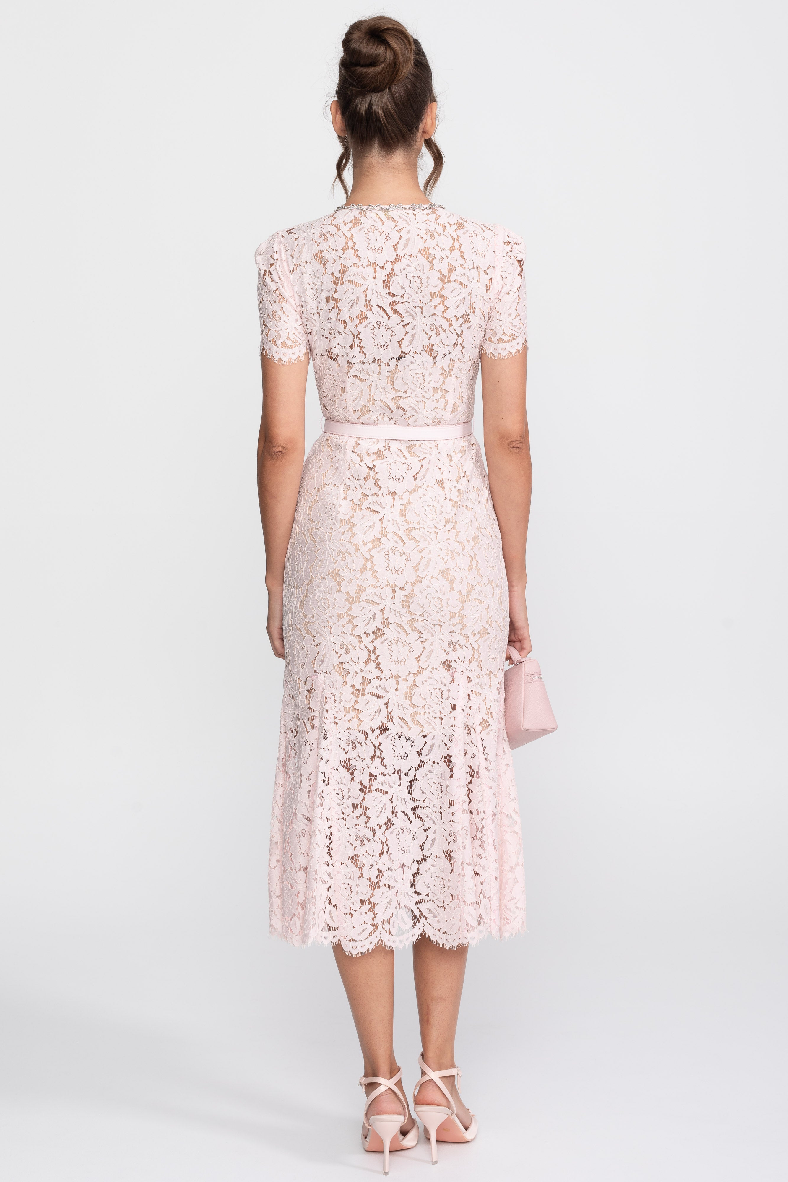 Elegant Floral Lace Fitted Dress with Button Detail and Scalloped Hem - Blush Pink