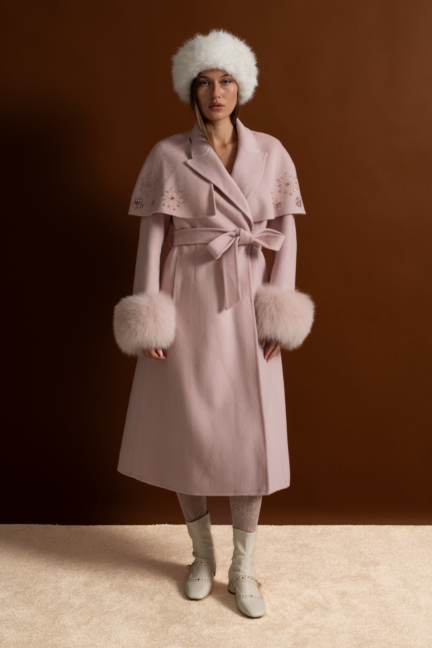 Embellished Wool Coat with Fox Fur Cuffs And Cape Overlay - Pink