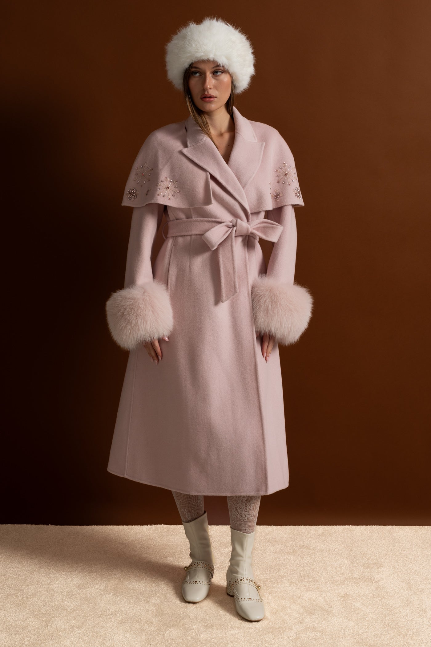 Embellished Wool Coat with Fox Fur Cuffs And Cape Overlay - Pink