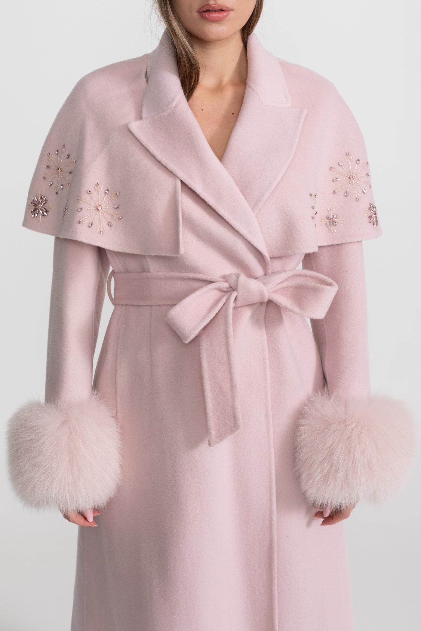 Embellished Wool Coat with Fox Fur Cuffs And Cape Overlay - Pink