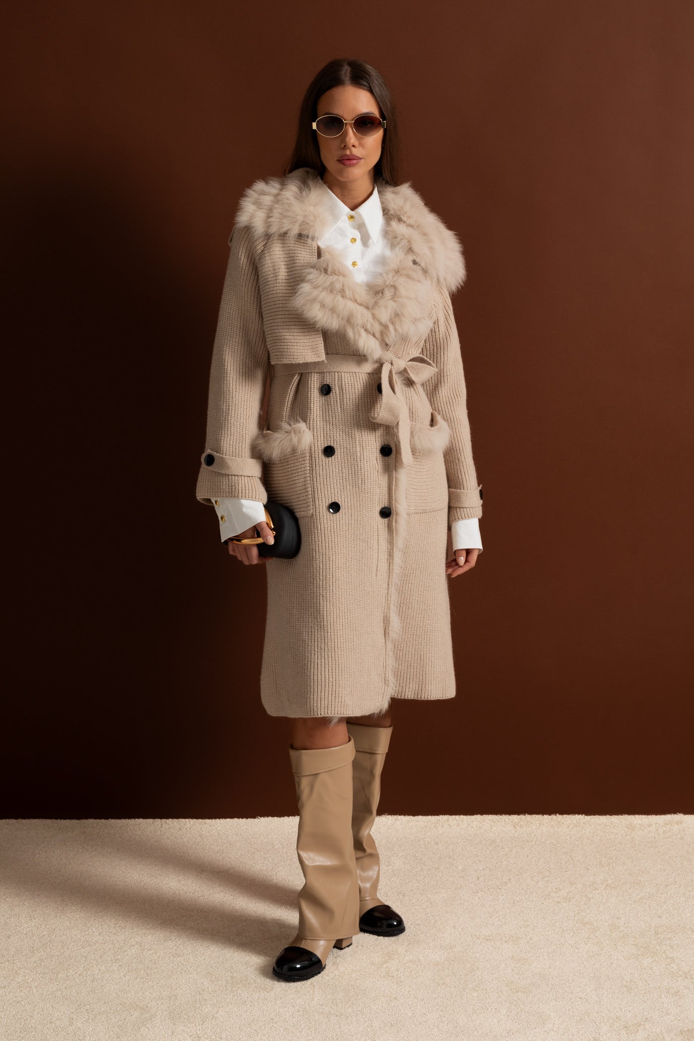 Double-Breasted Knit Overcoat With Fur Trim – Beige