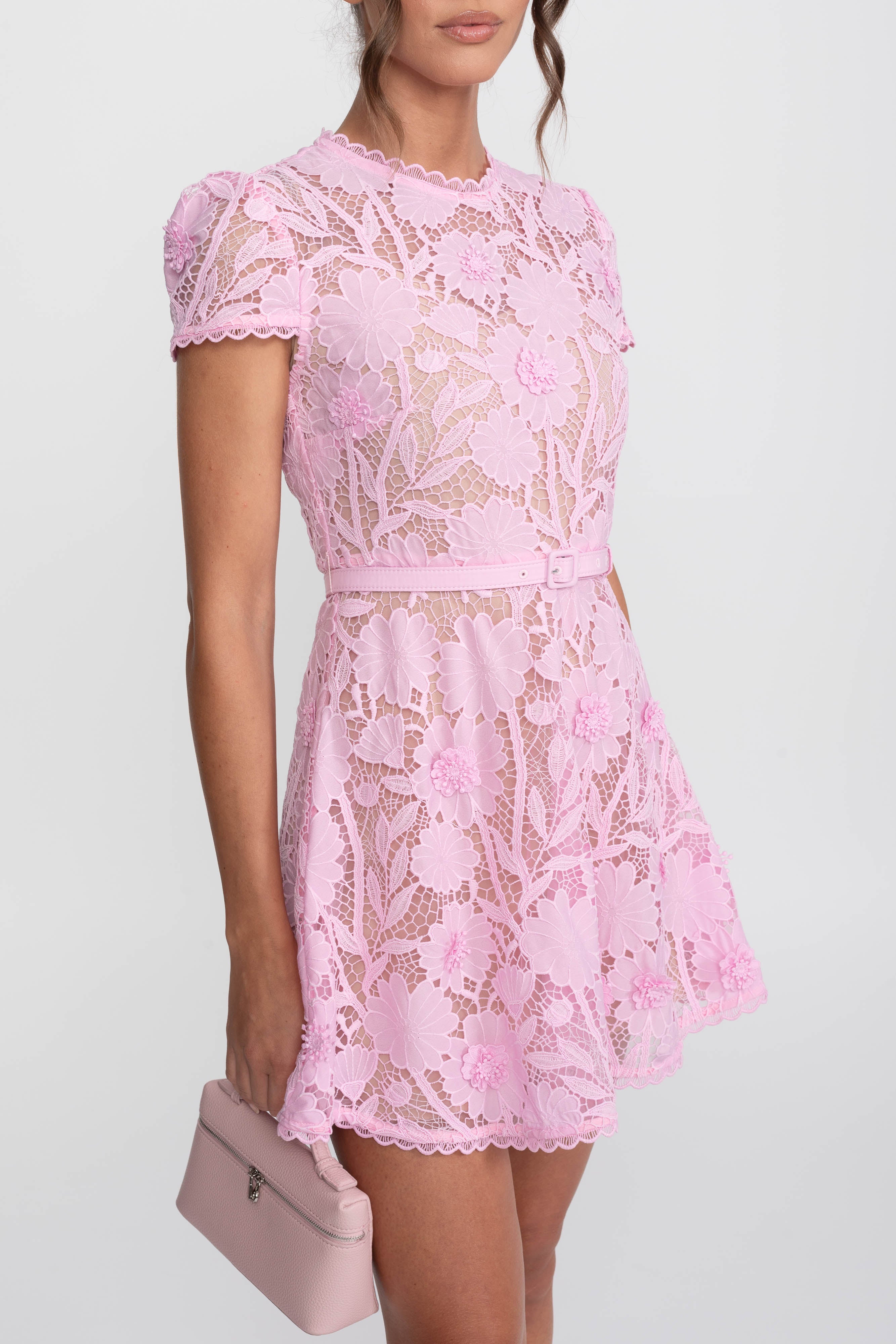 Floral Lace Belted Dress With Scalloped Round Neckline - Pink