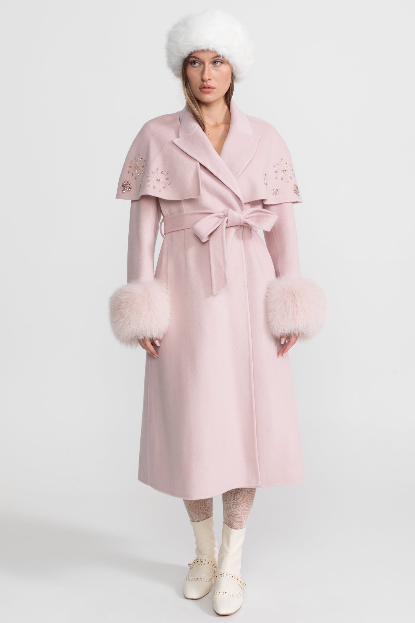Embellished Wool Coat with Fox Fur Cuffs And Cape Overlay - Pink