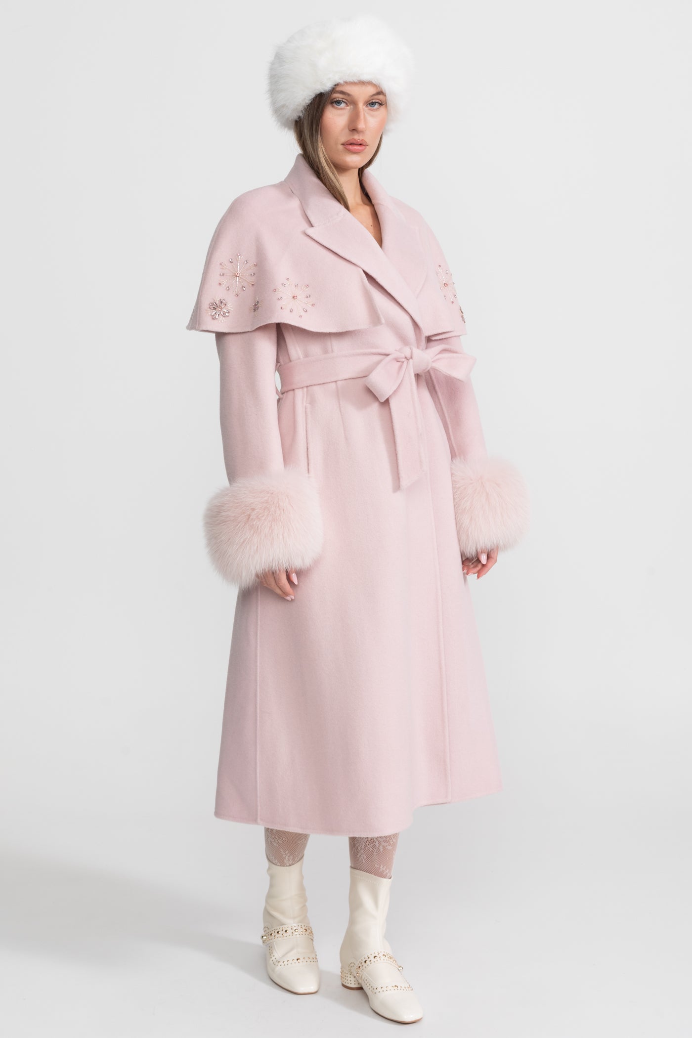 Embellished Wool Coat with Fox Fur Cuffs And Cape Overlay - Pink