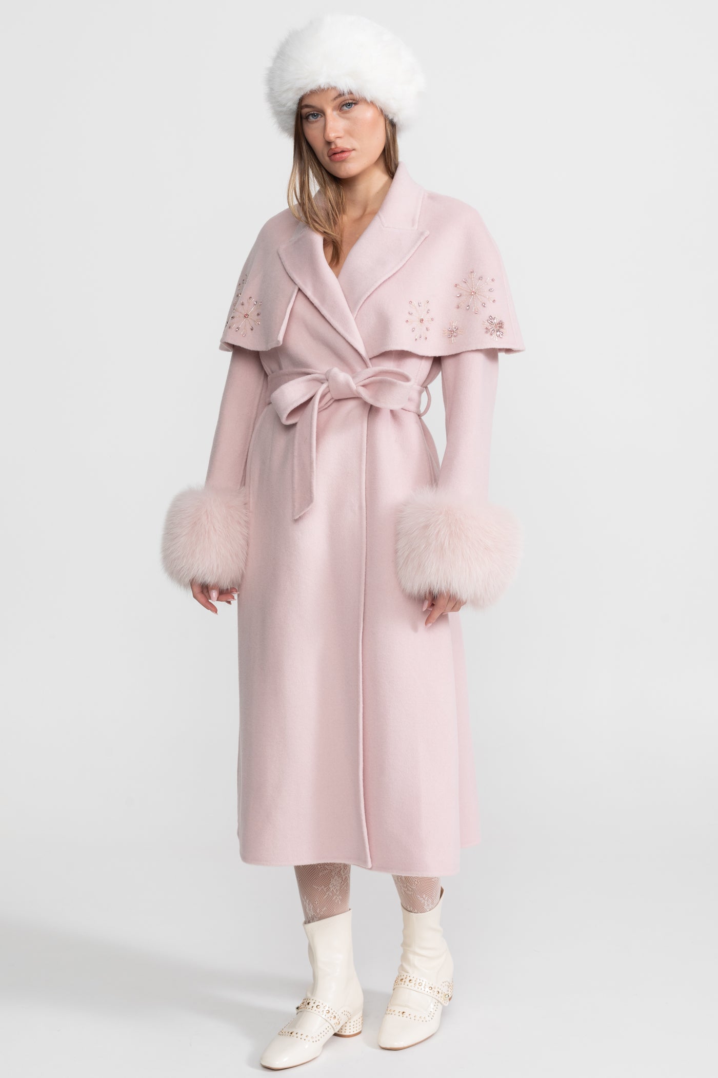 Embellished Wool Coat with Fox Fur Cuffs And Cape Overlay - Pink
