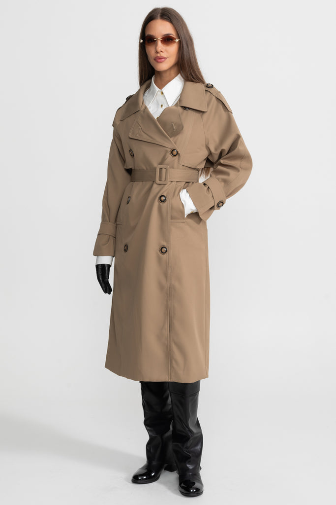 Double-Breasted Mid-Cut Trench Coat With Belted Waist – Khaki