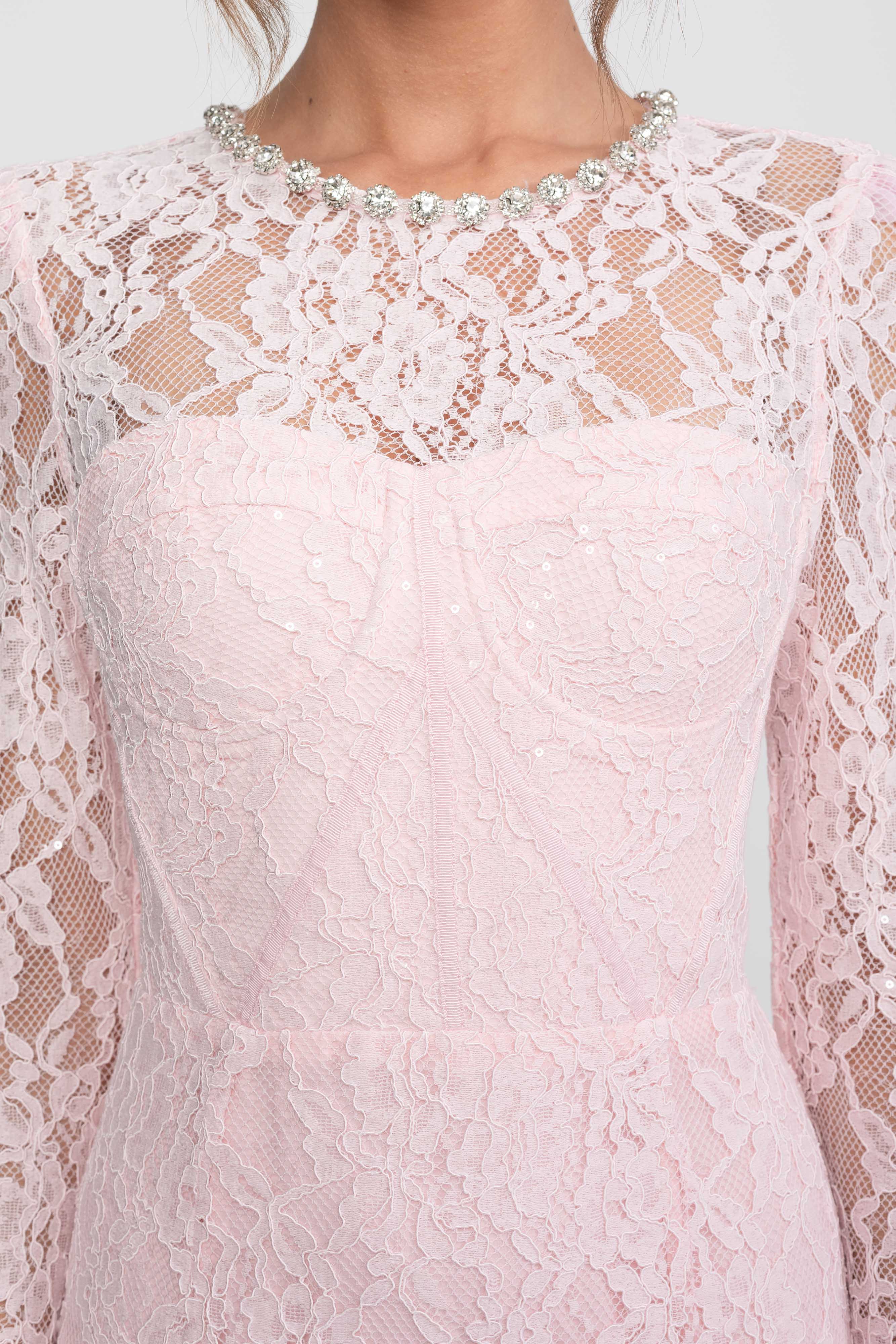 Lace Trim Midi Dress With Crystal Neckline - Pink