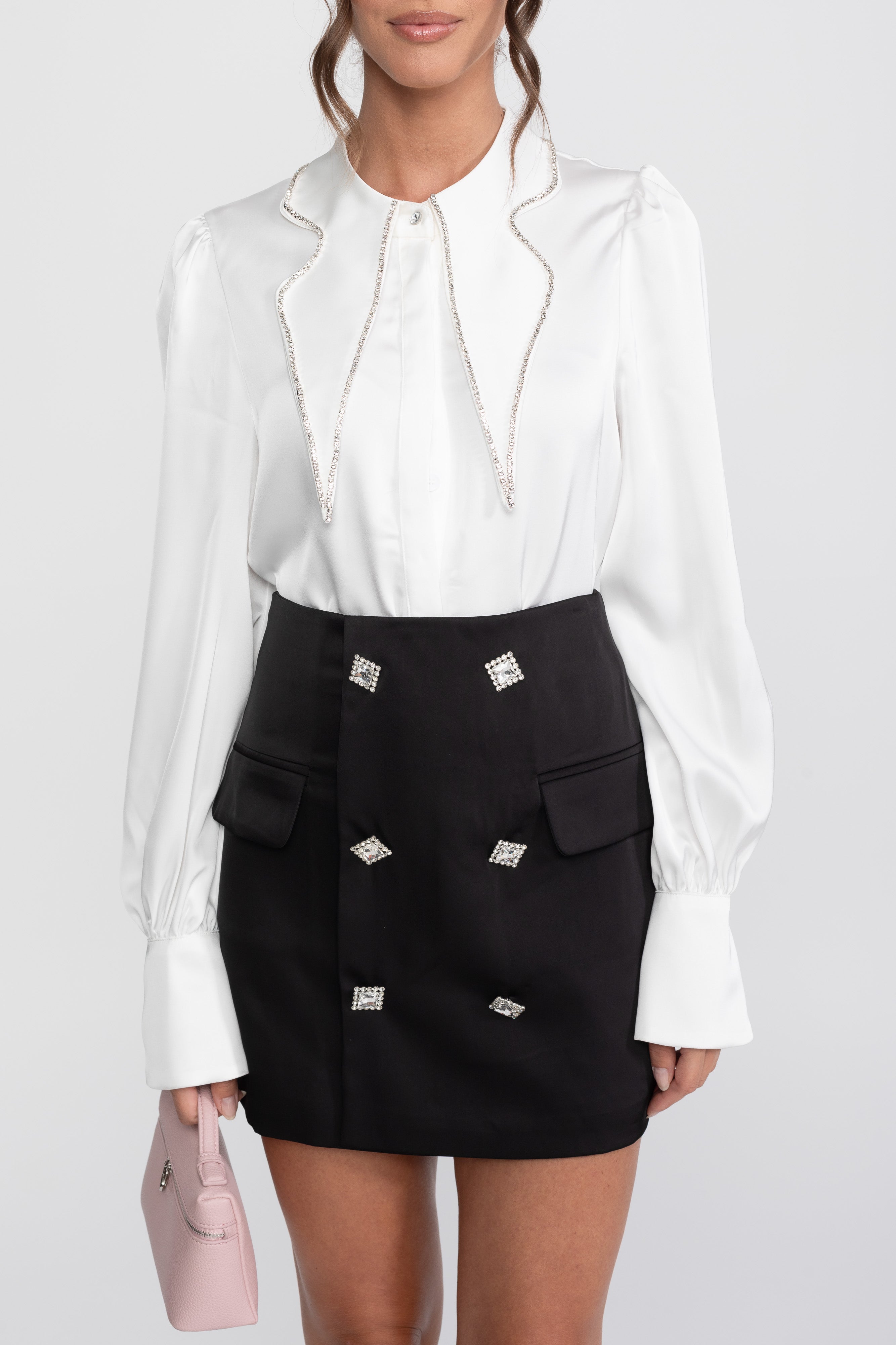 Crystal Collar Shirt And Contrasting Skirt Co-Ord Set- White / Black