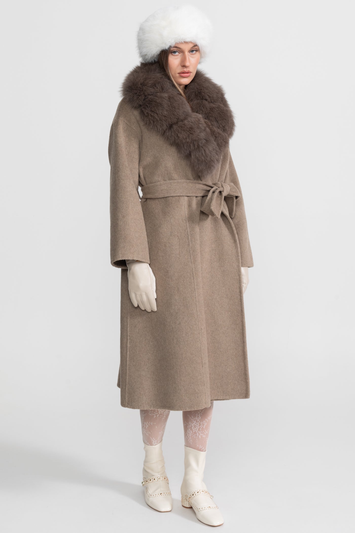 Wool Wrap Coat with Fox Fur Collar And Tie Belt – Khaki