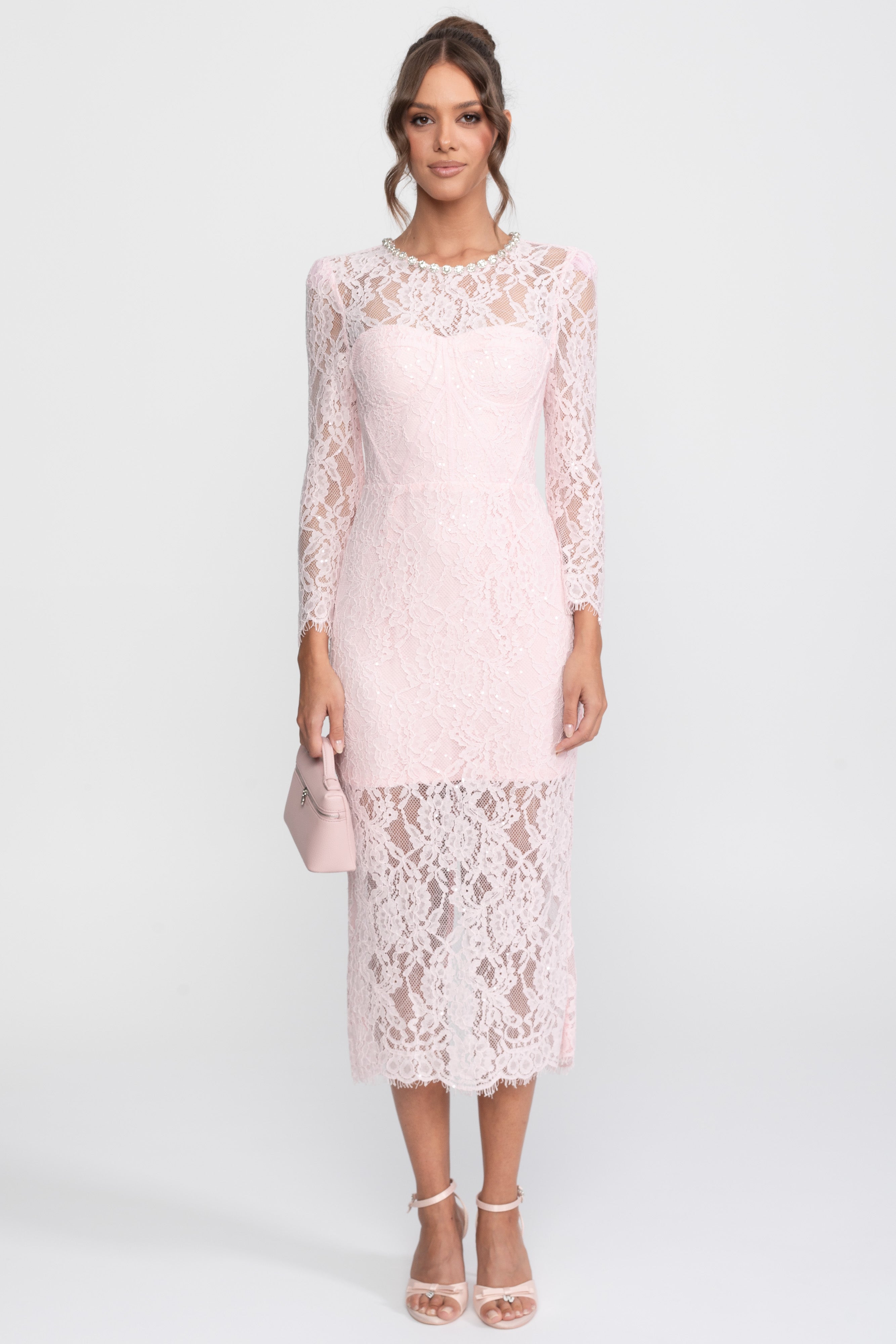 Lace Trim Midi Dress With Crystal Neckline - Pink