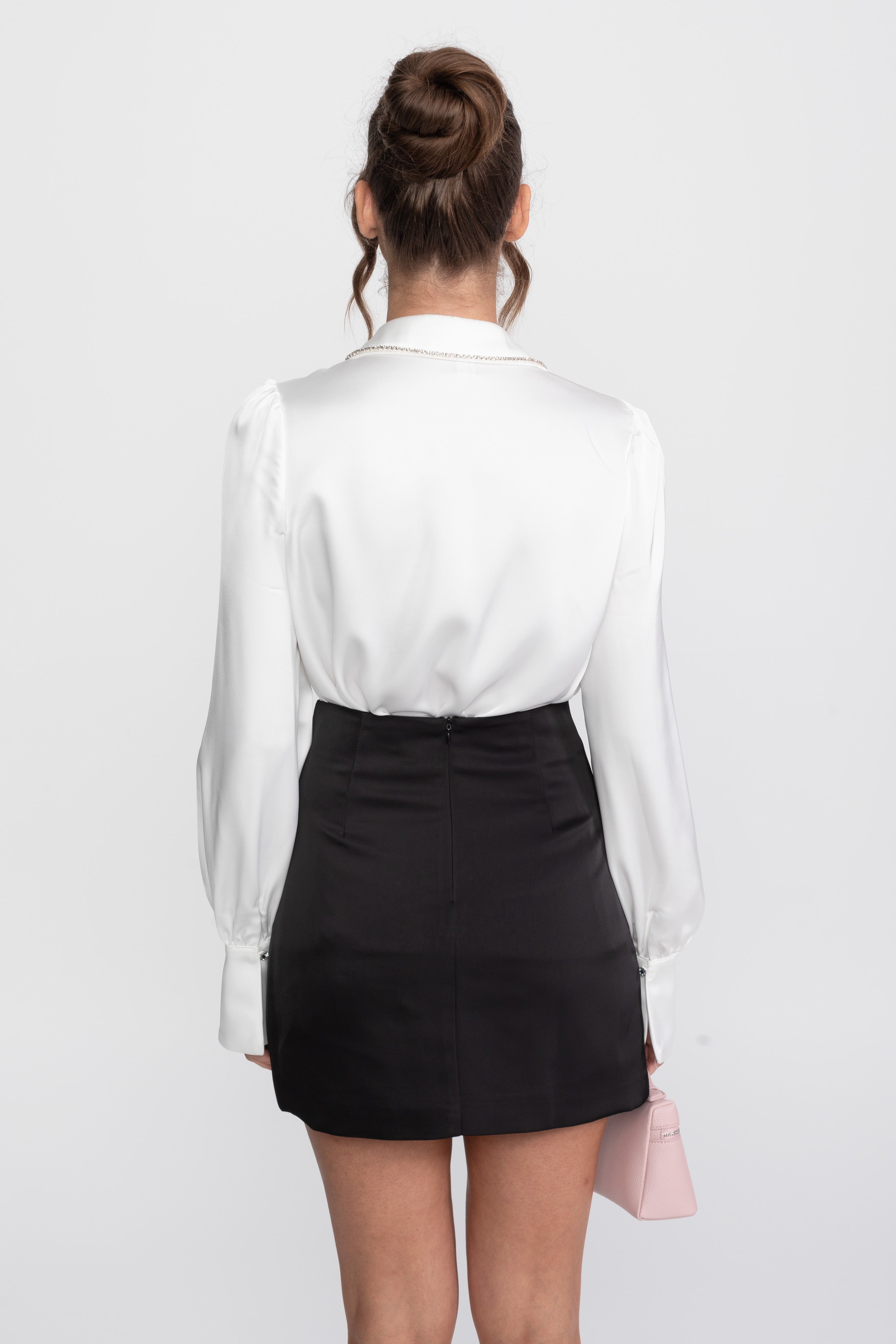 Crystal Collar Shirt And Contrasting Skirt Co-Ord Set- White / Black