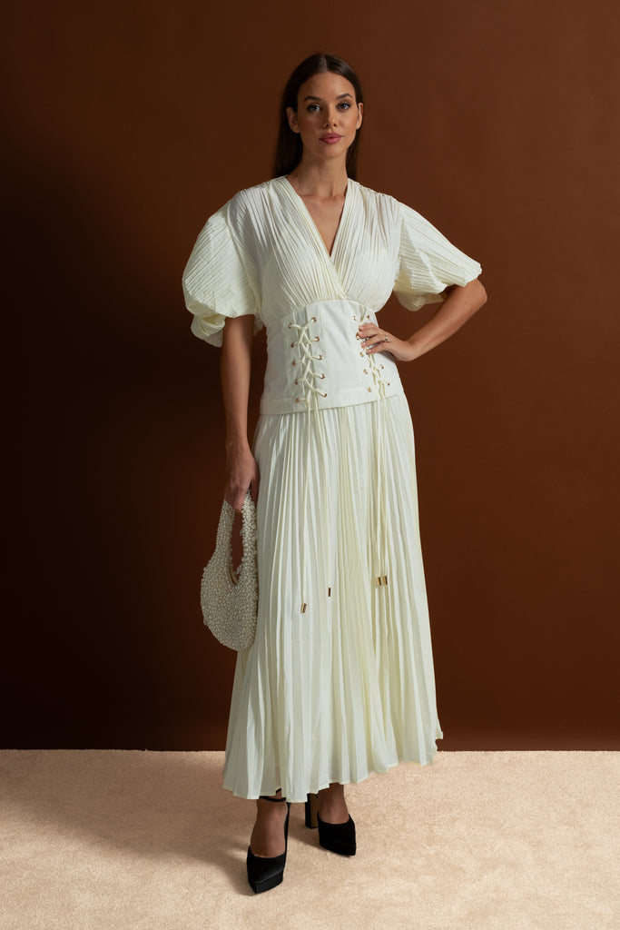 Pleated Maxi Dress with Corset Waist Detail - Ivoire
