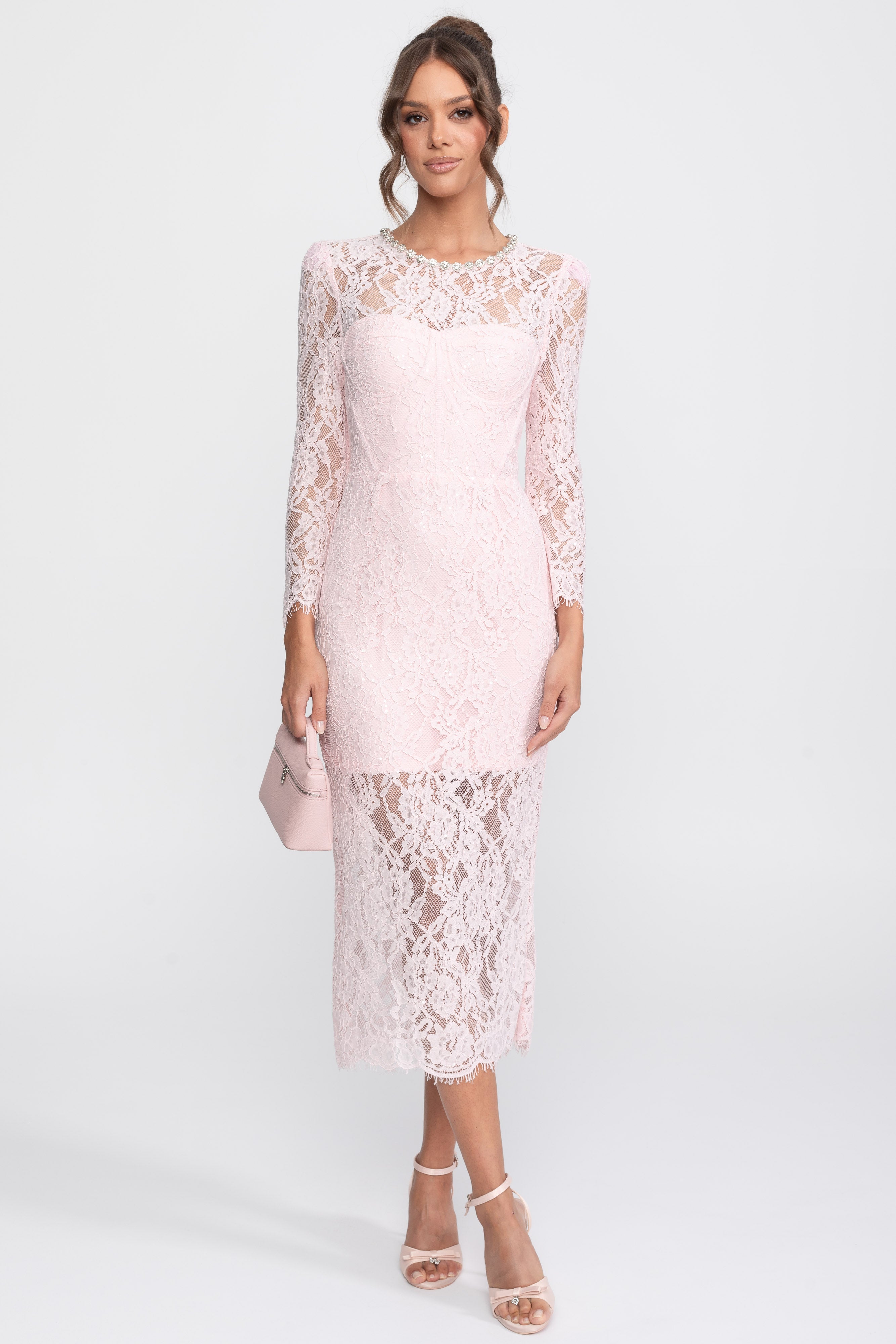 Lace Trim Midi Dress With Crystal Neckline - Pink