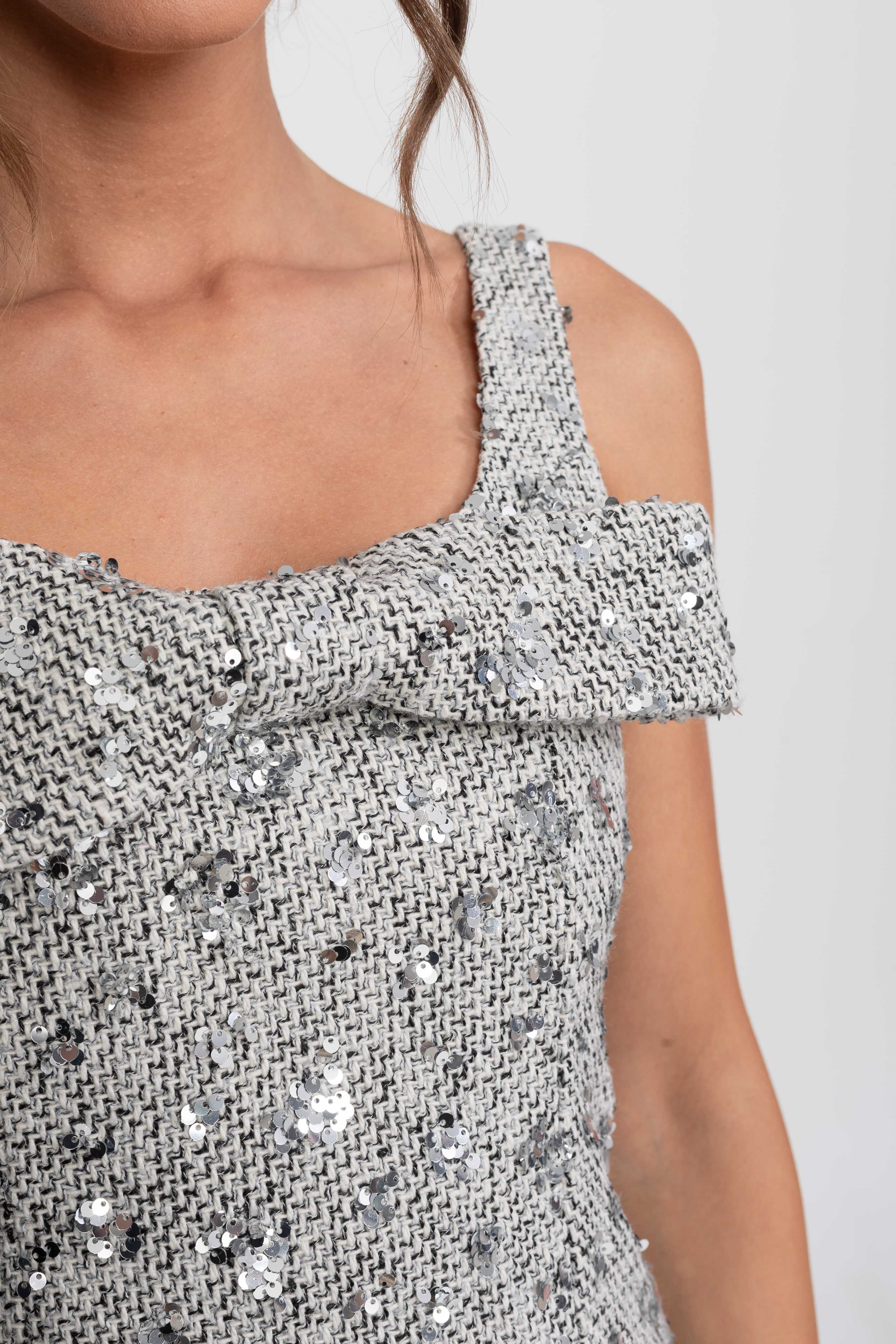 Sequin Tweed Bow Mini Dress With Square Neck - Silver