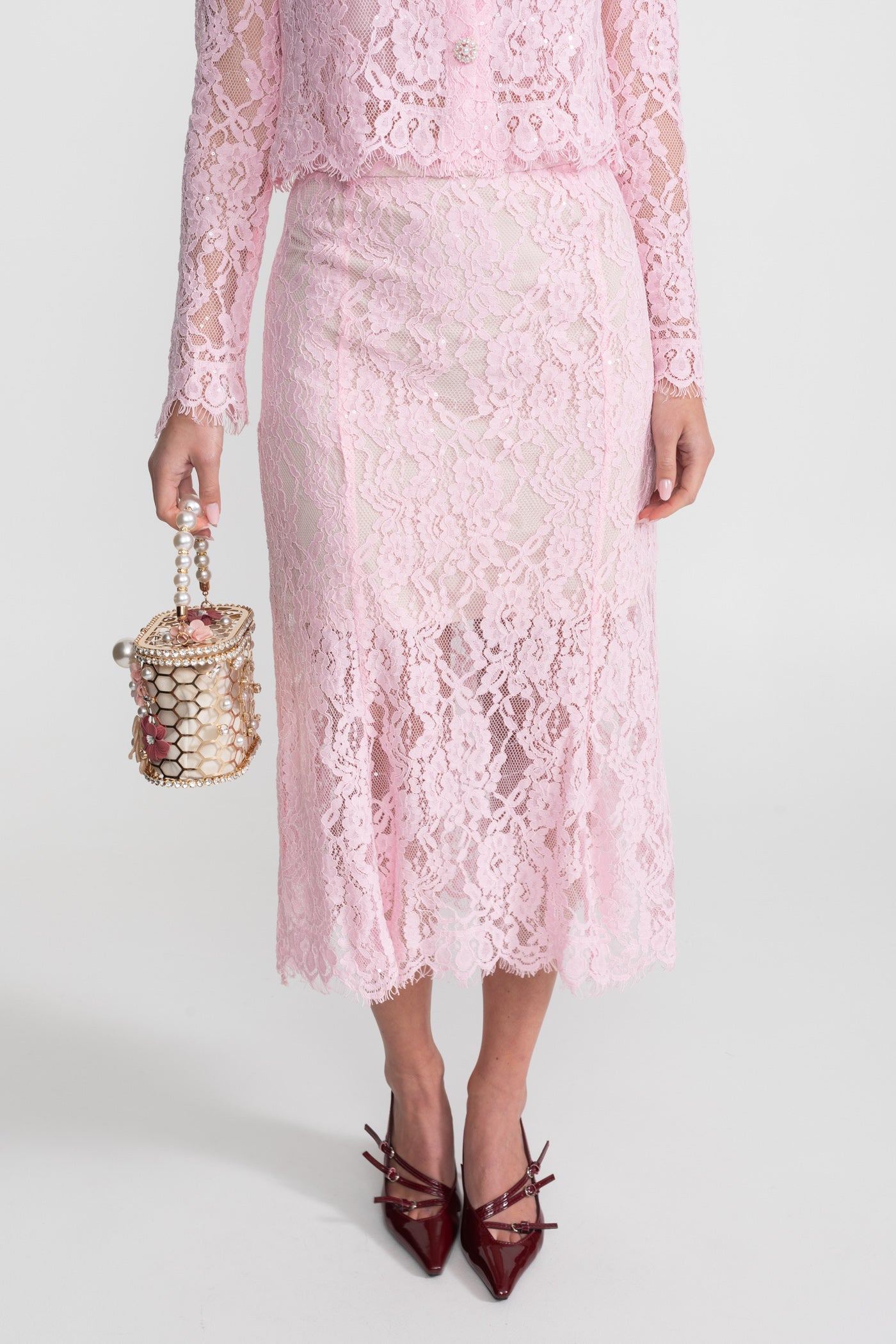 Lace Co-ord Set with Embellished Collar and Buttons - Pink