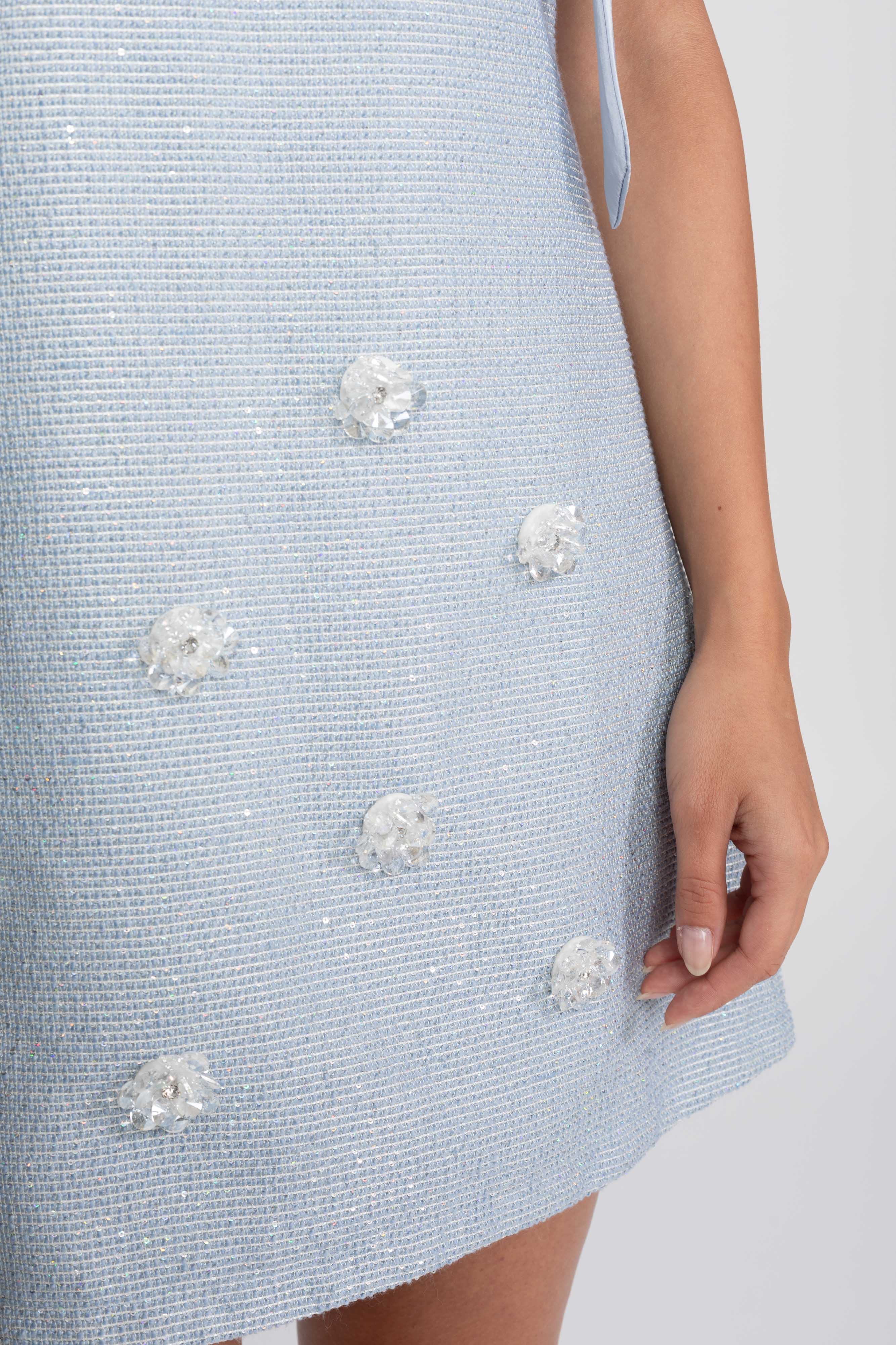 Bow Shoulder Sequin Tweed Mini Dress With Sparkling Flowers - Light Blue