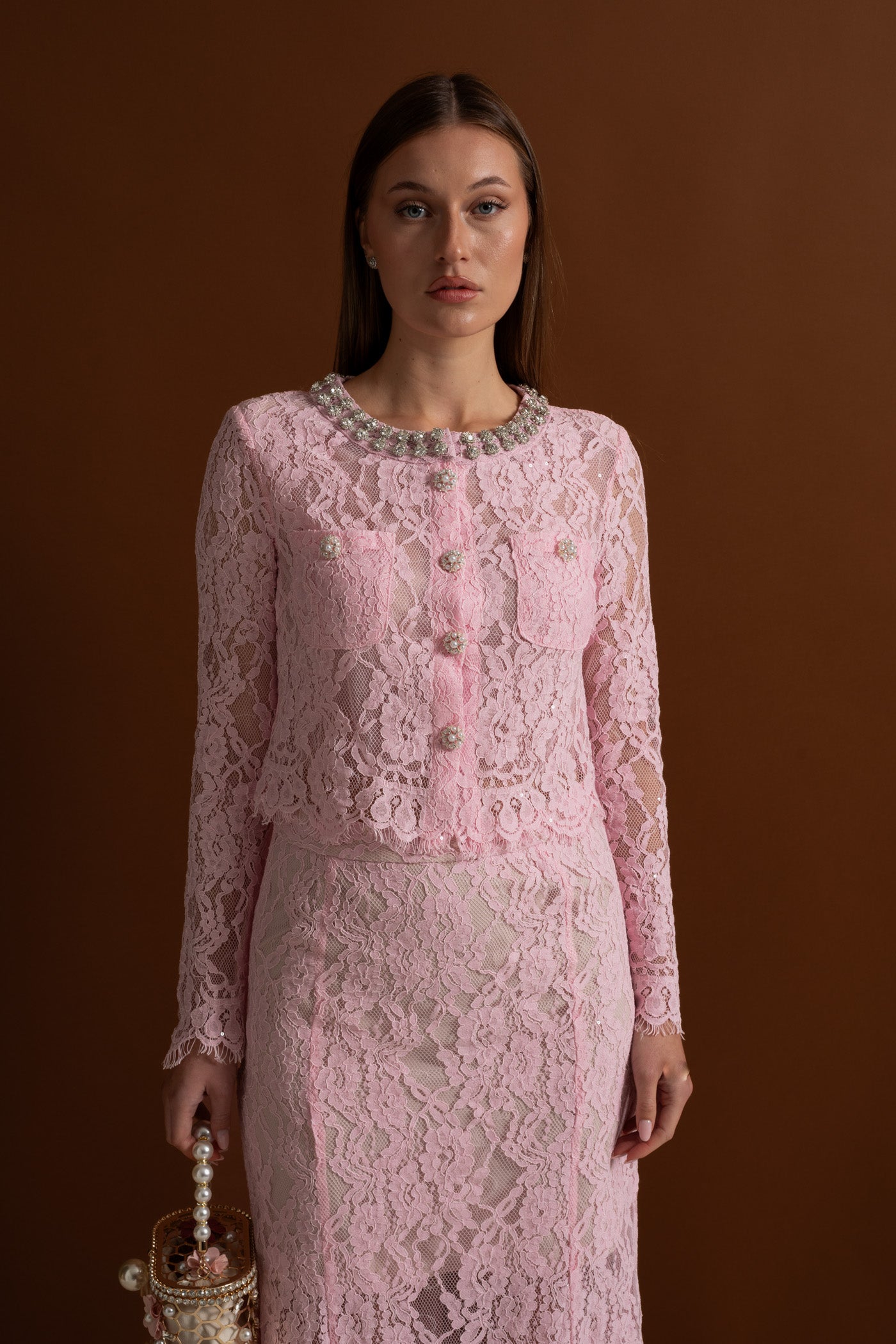 Lace Co-ord Set with Embellished Collar and Buttons - Pink