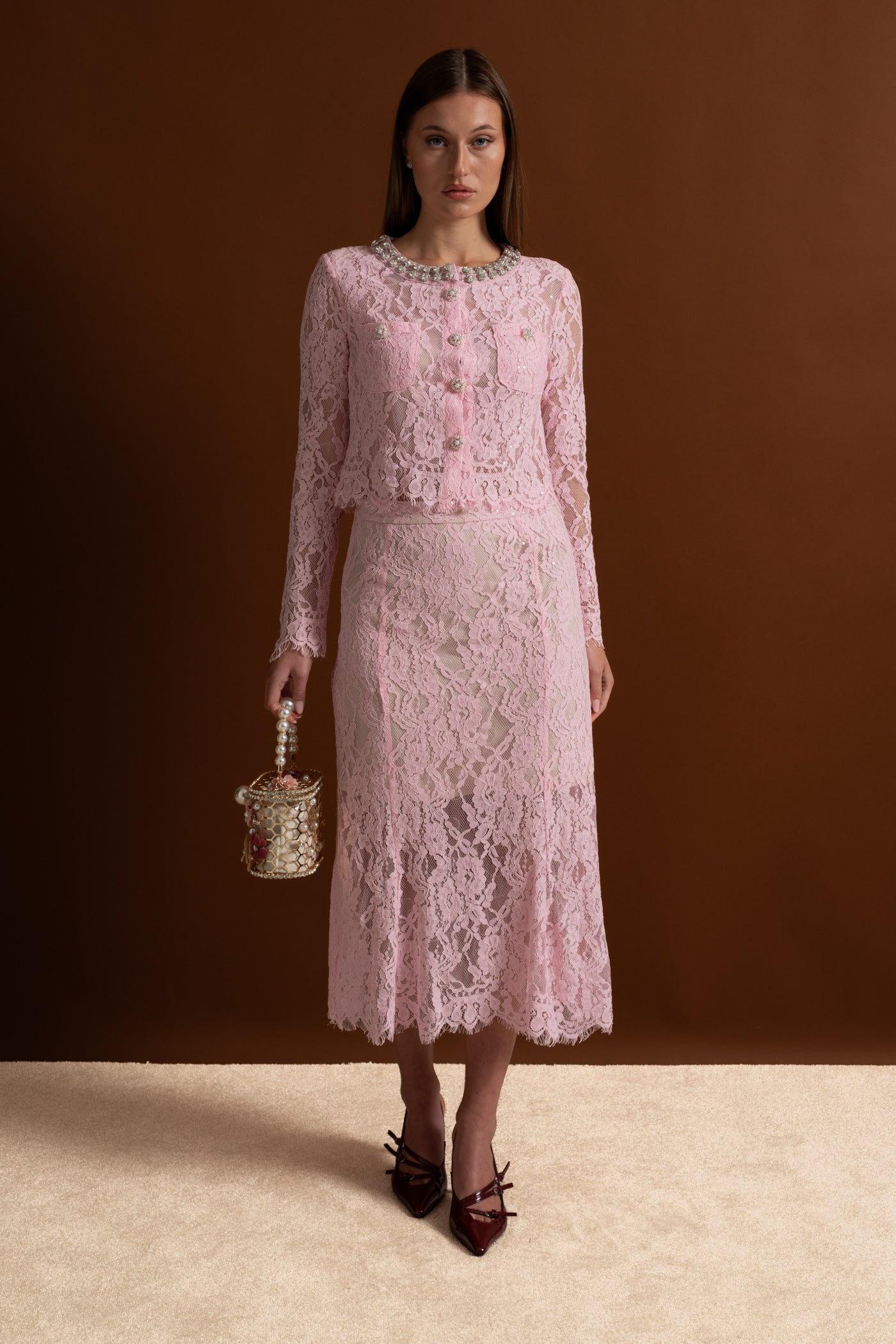 Lace Co-ord Set with Embellished Collar and Buttons - Pink