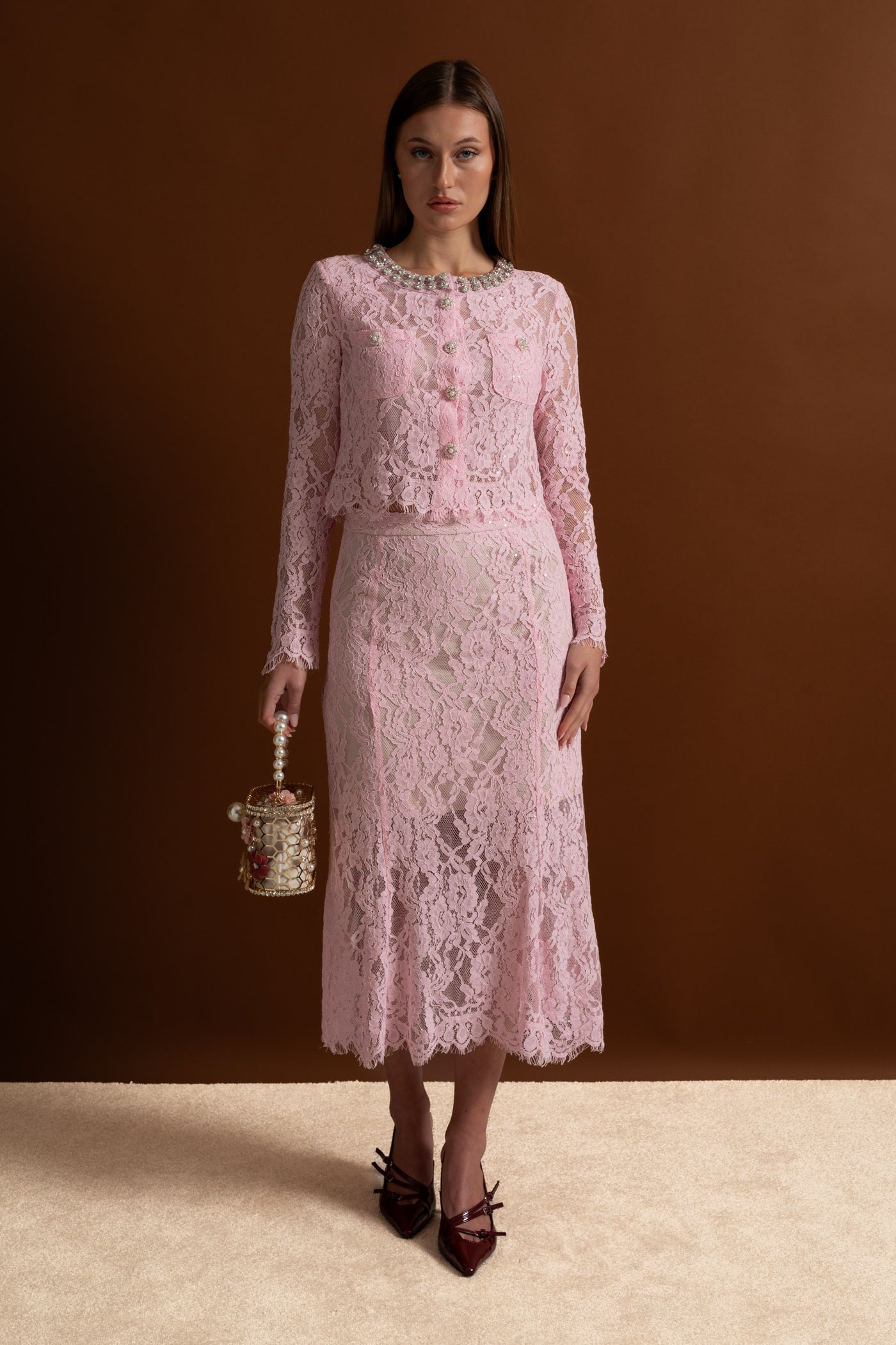 Lace Co-ord Set with Embellished Collar and Buttons - Pink