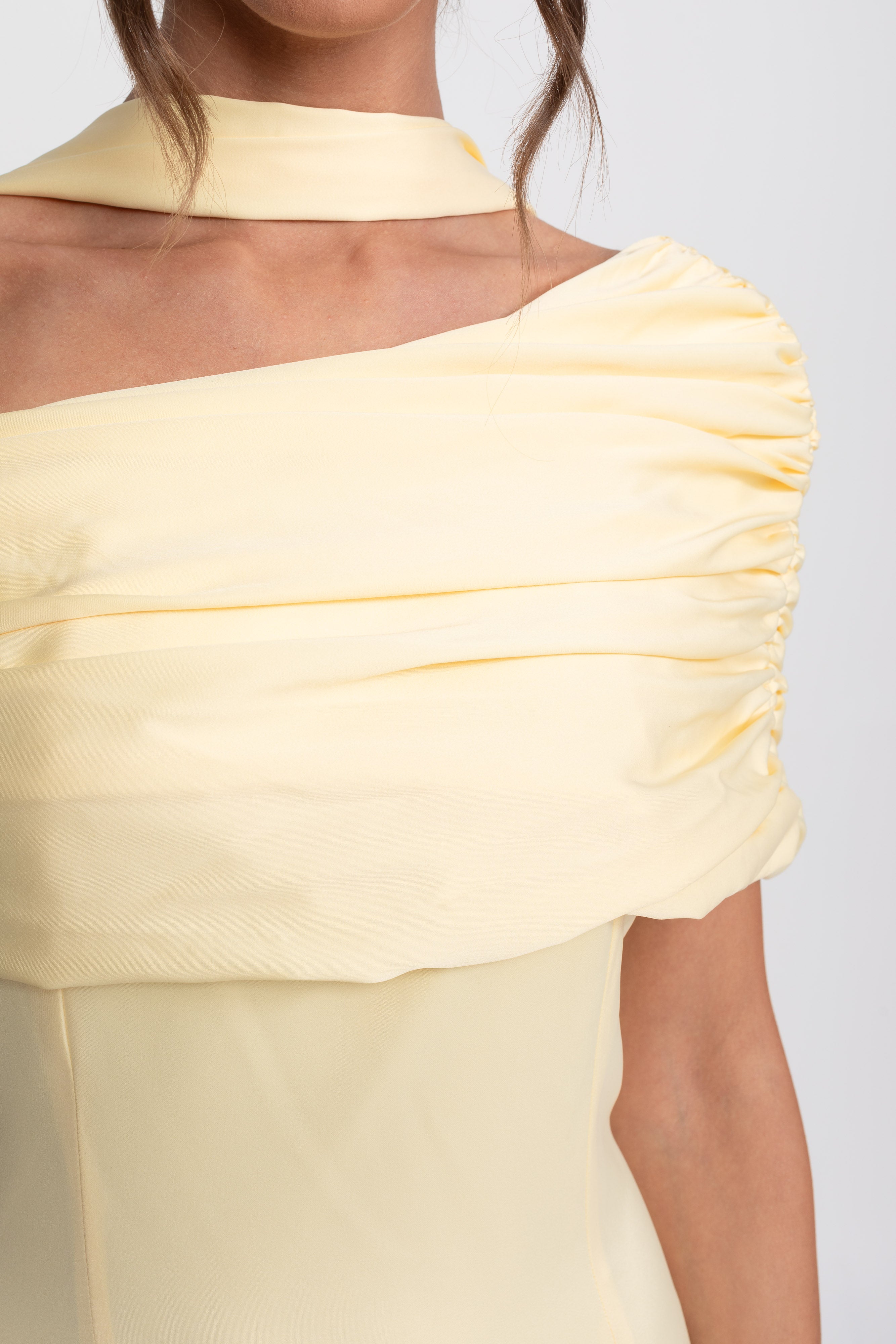 One-Shoulder Draped Satin Gown With Ruched Wrap - Yellow