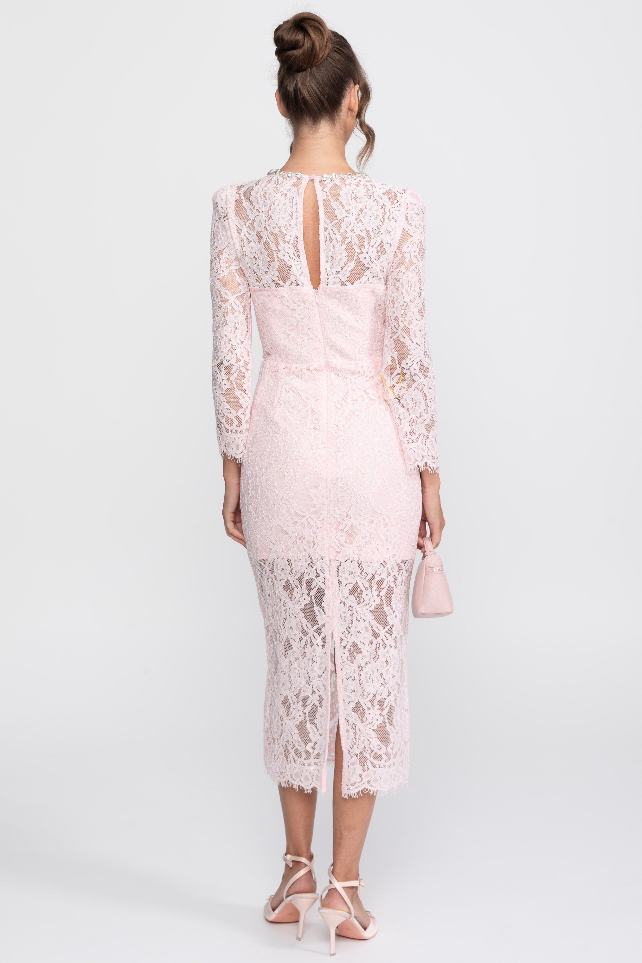 Lace Trim Midi Dress With Crystal Neckline - Pink
