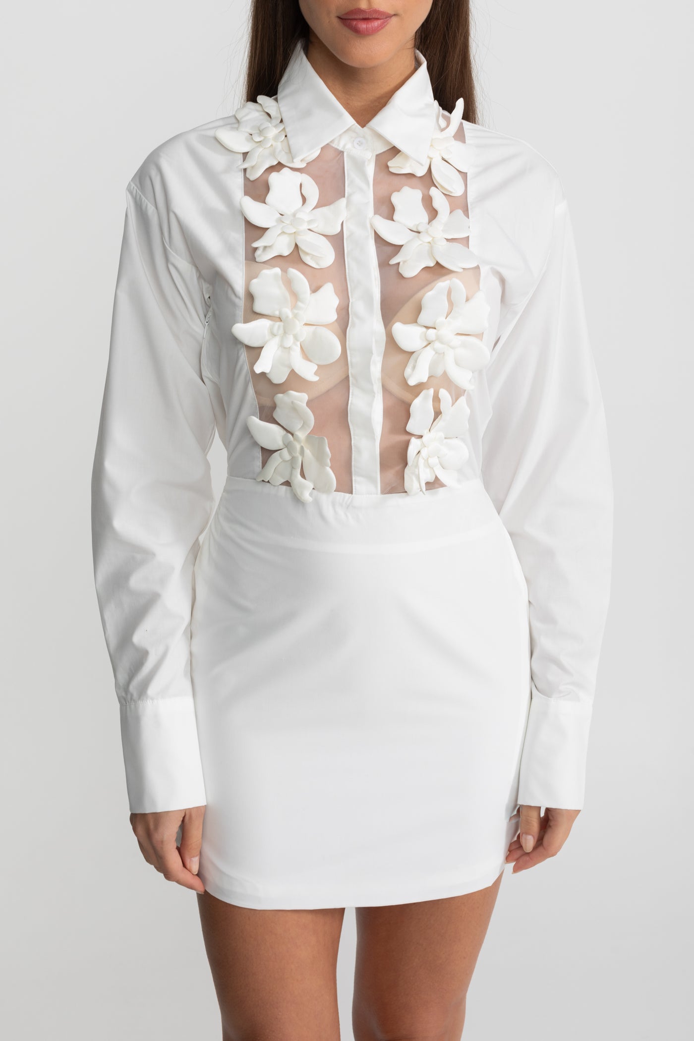 Sheer Panel Mini Shirt Dress With 3D Floral Appliqué – White