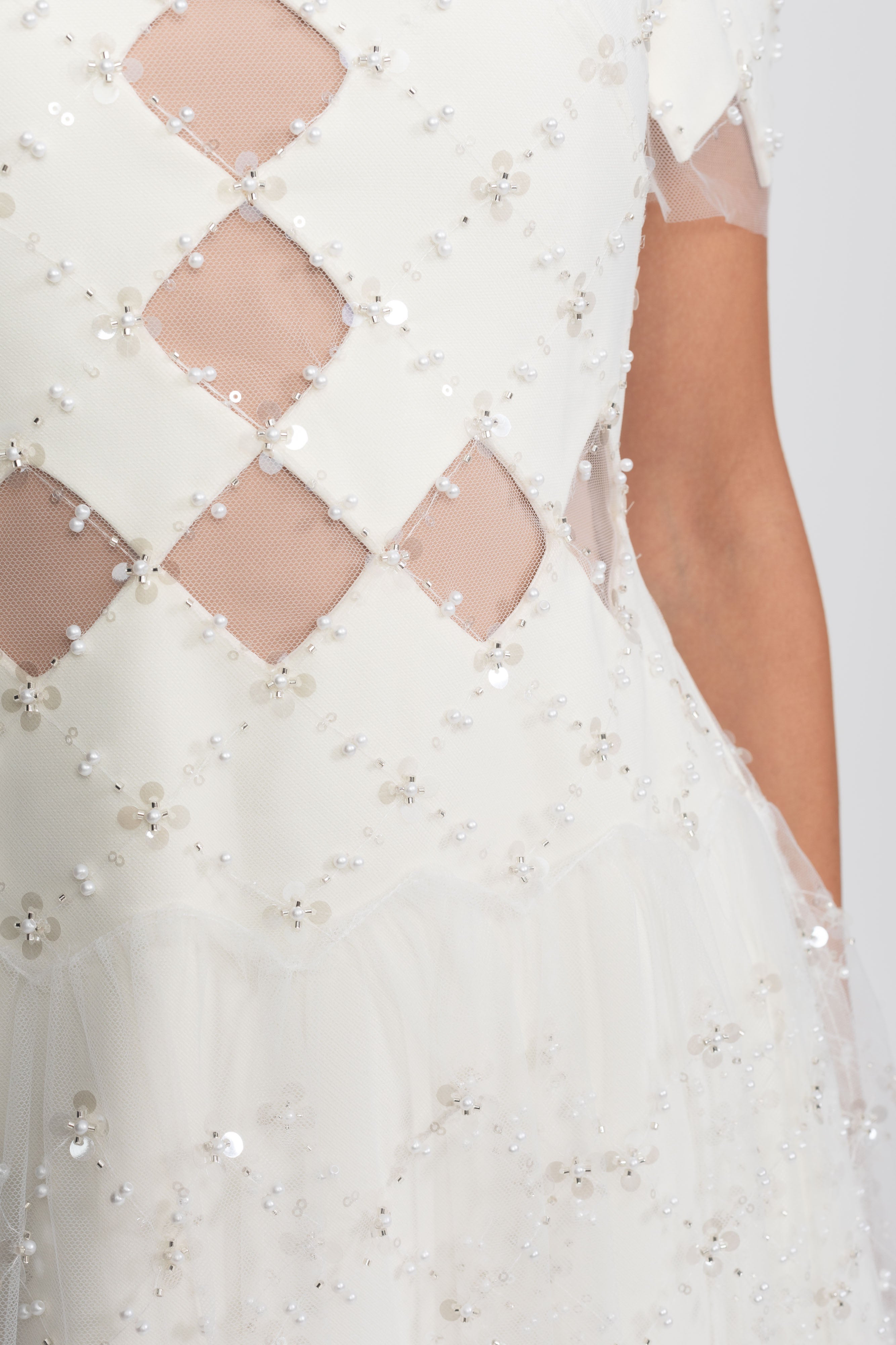 Diamond Cut-Out Beaded Dress With Pearl Trim - White