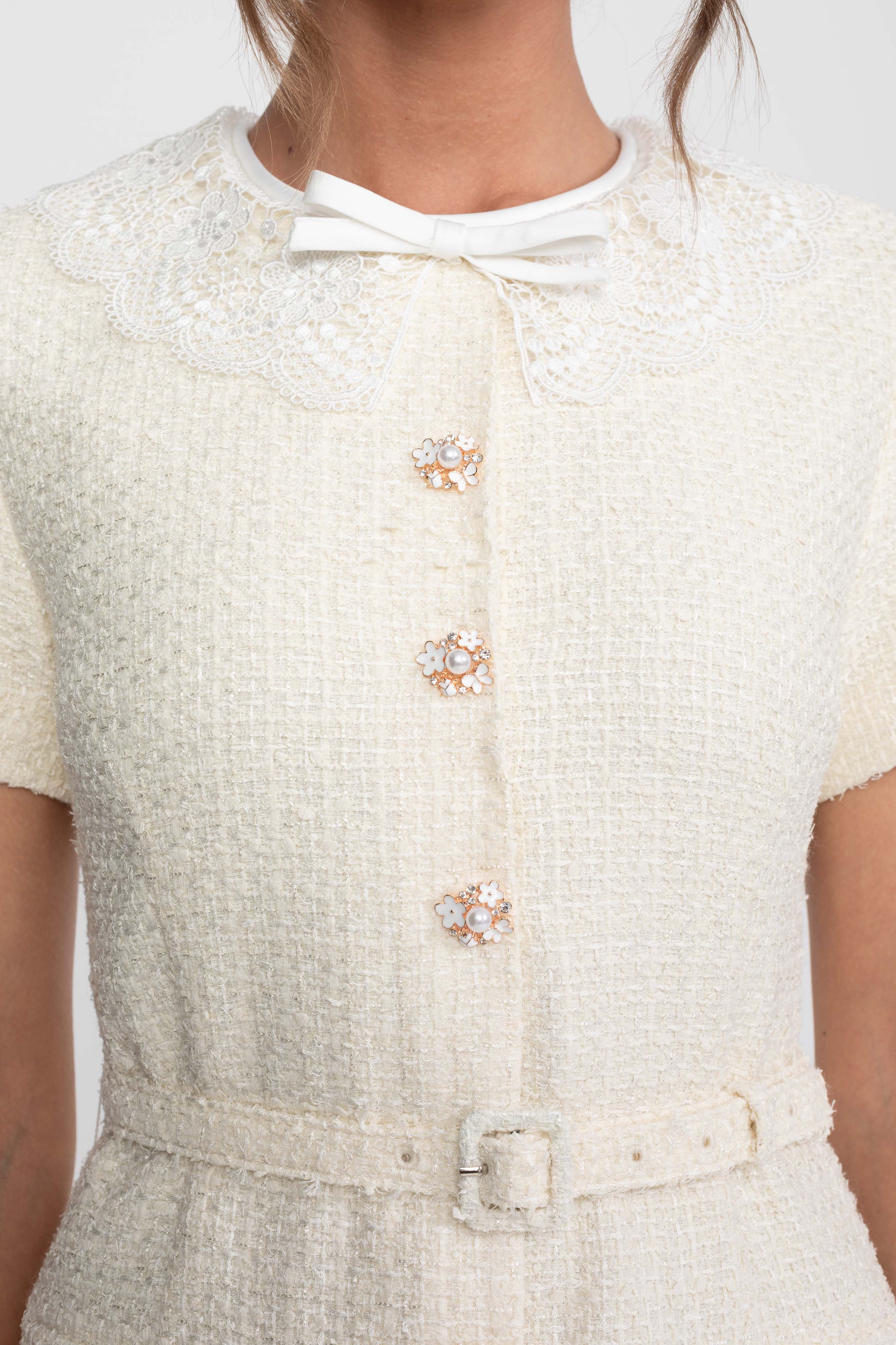 Pearl Button Tweed Shift Dress With Belted Waist - Ivoire