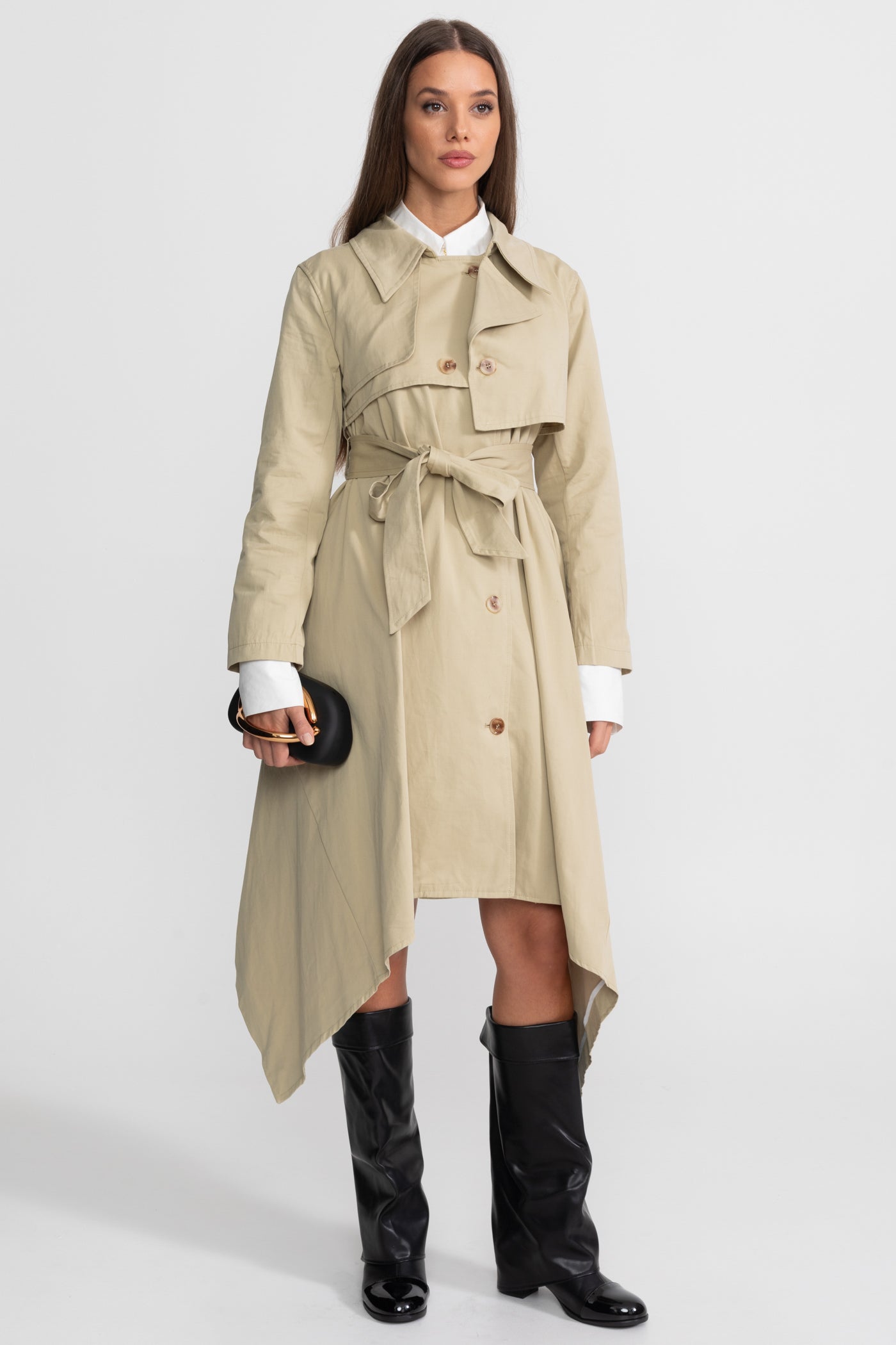 Long Trench Coat with Tie Belt and Asymmetrical Hem Beige