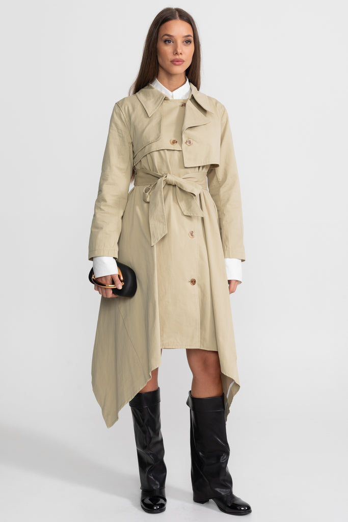 Long Trench Coat with Tie Belt and Asymmetrical Hem - Beige
