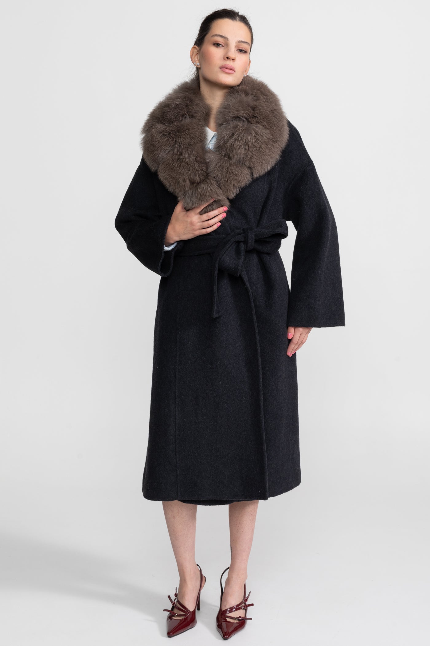 Wool Wrap Coat with Fox Fur Collar And Tie Belt – Black/Brown