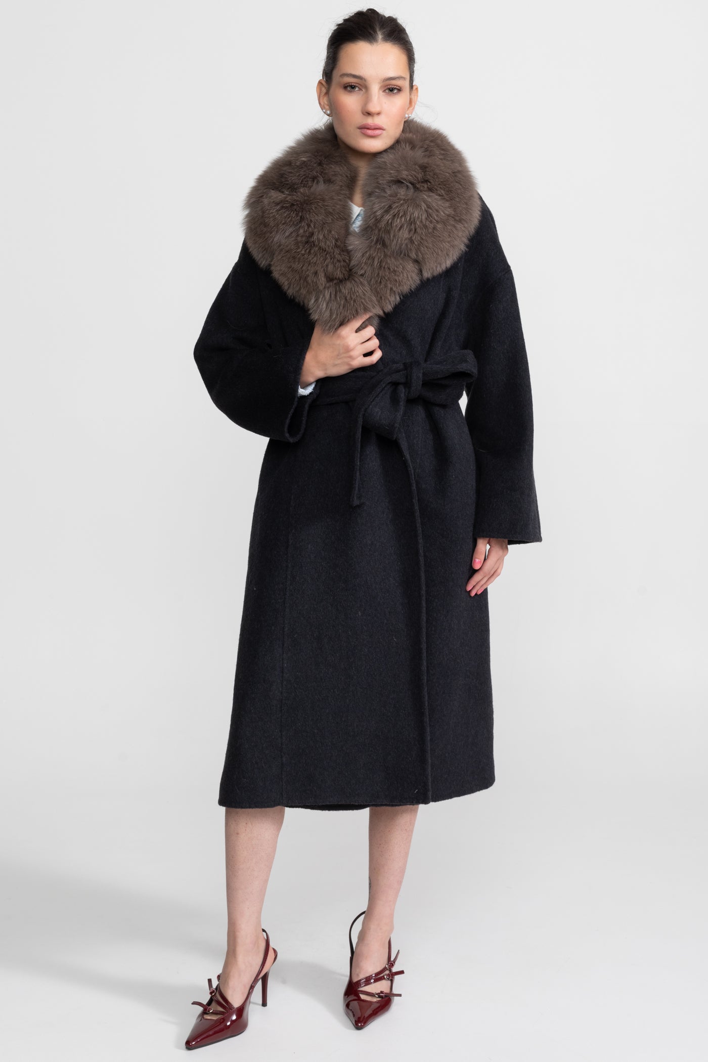 Wool Wrap Coat with Fox Fur Collar And Tie Belt – Black/Brown