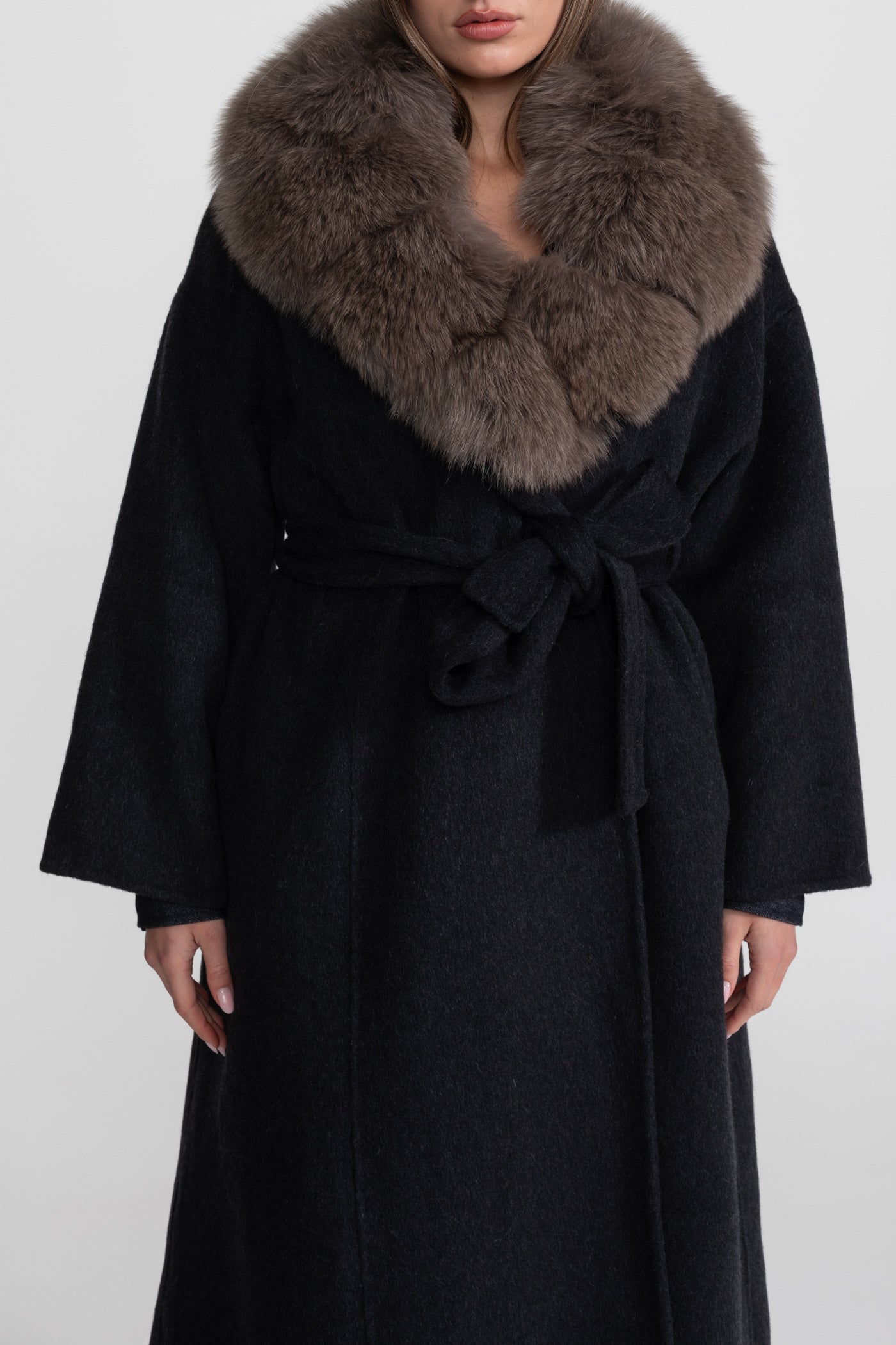 Wool Wrap Coat with Fox Fur Collar And Tie Belt – Black/Brown